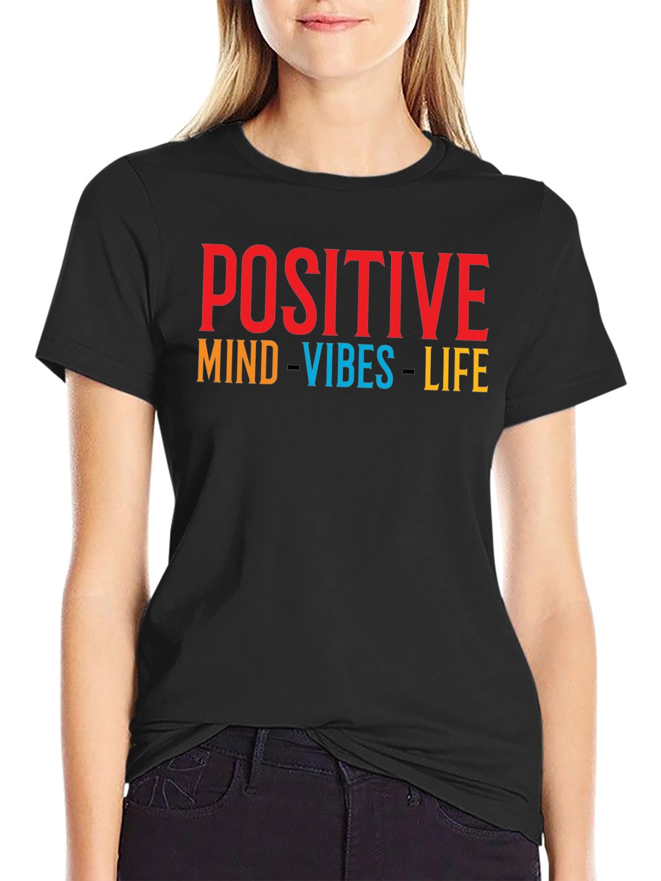 Black Positive Vibes T-Shirt - Graphic Print Crew Neck Tee view 2