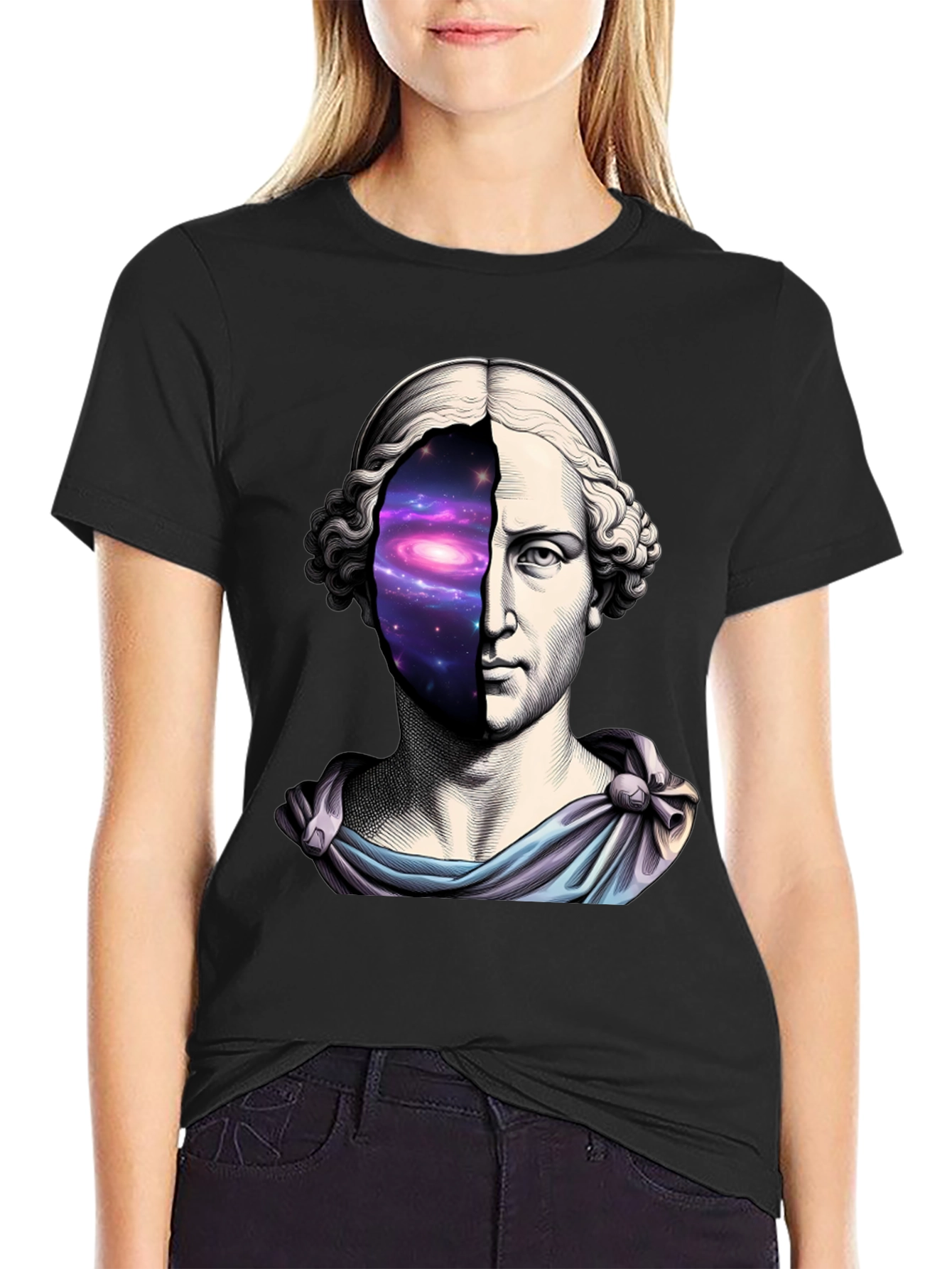 Black Galaxy Bust T-Shirt - Cosmic Artistic Tee view 2