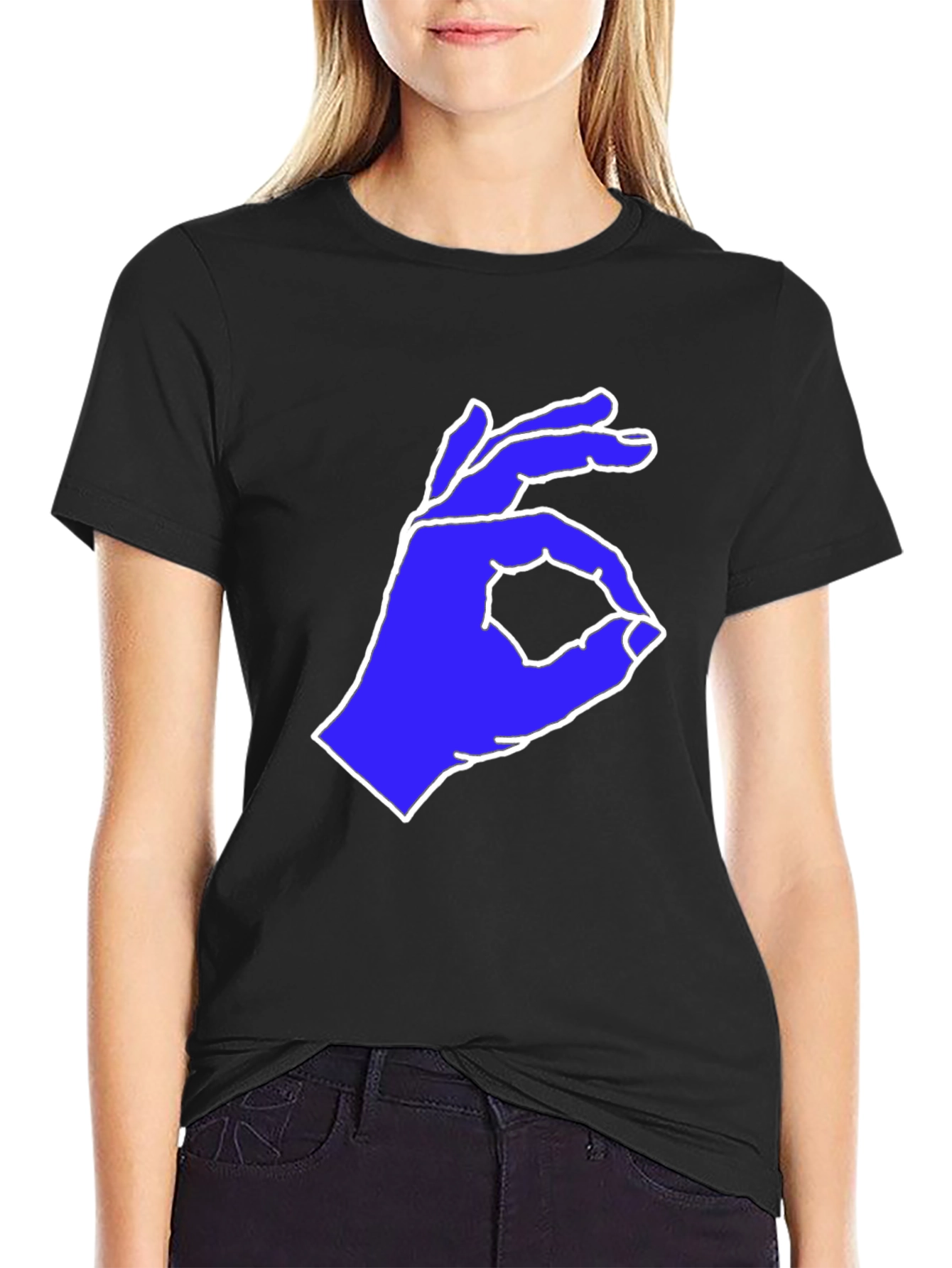 Black Black T-Shirt with Blue Hand Gesture Graphic view 2