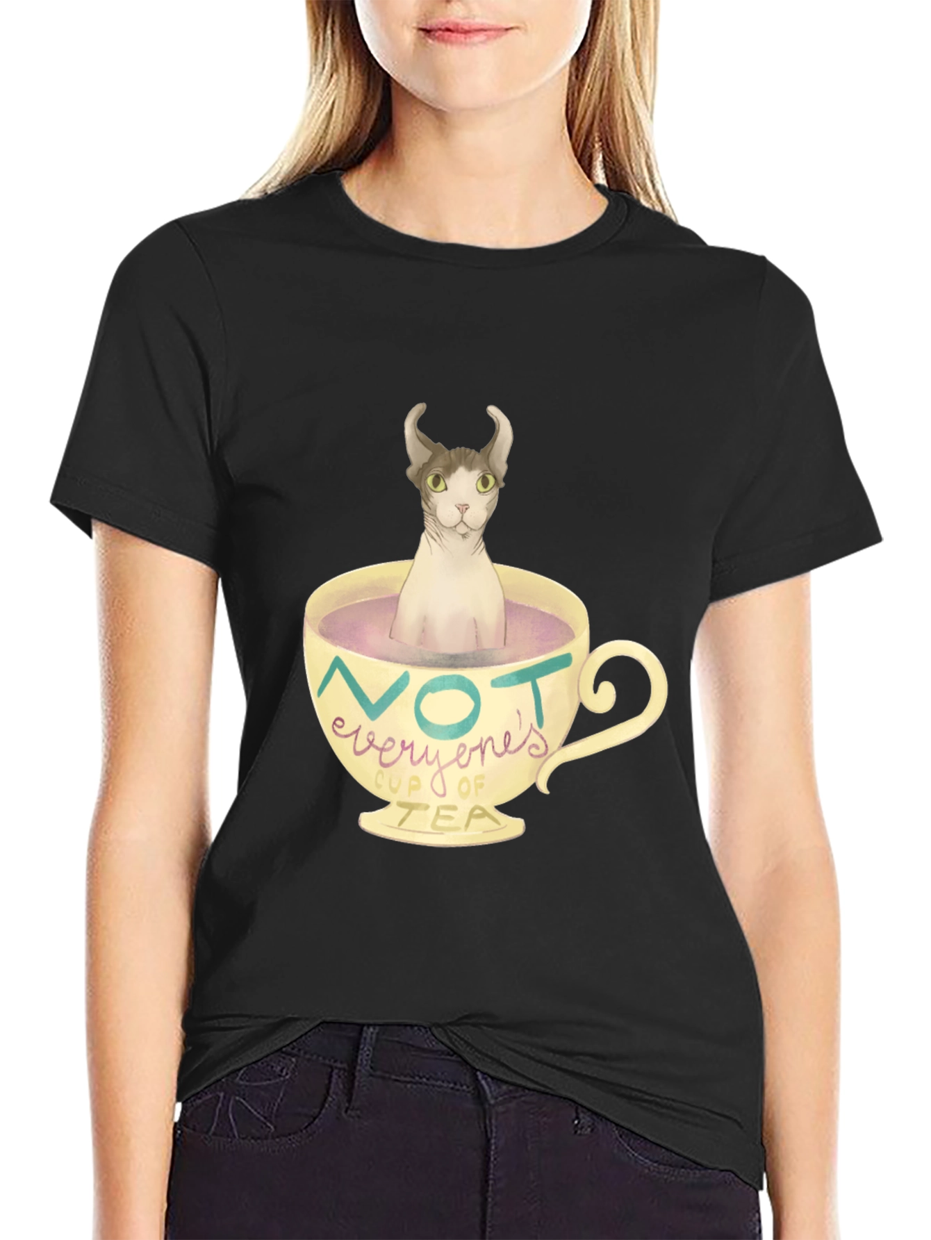 Black Not Everyone's Cup of Tea - Novelty Cat T-Shirt view 2
