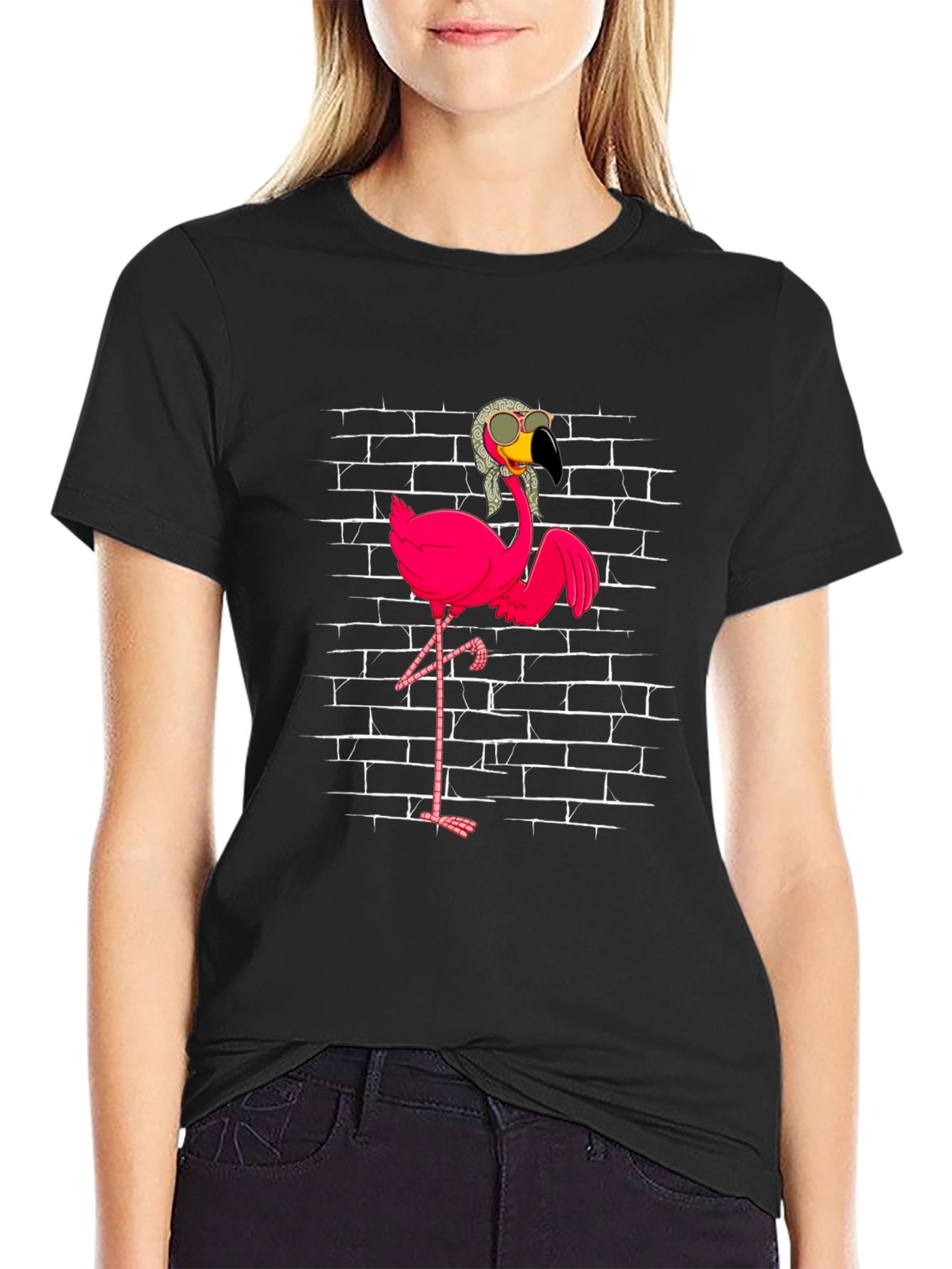 Black Flamingo with Shades T-Shirt - Black view 2