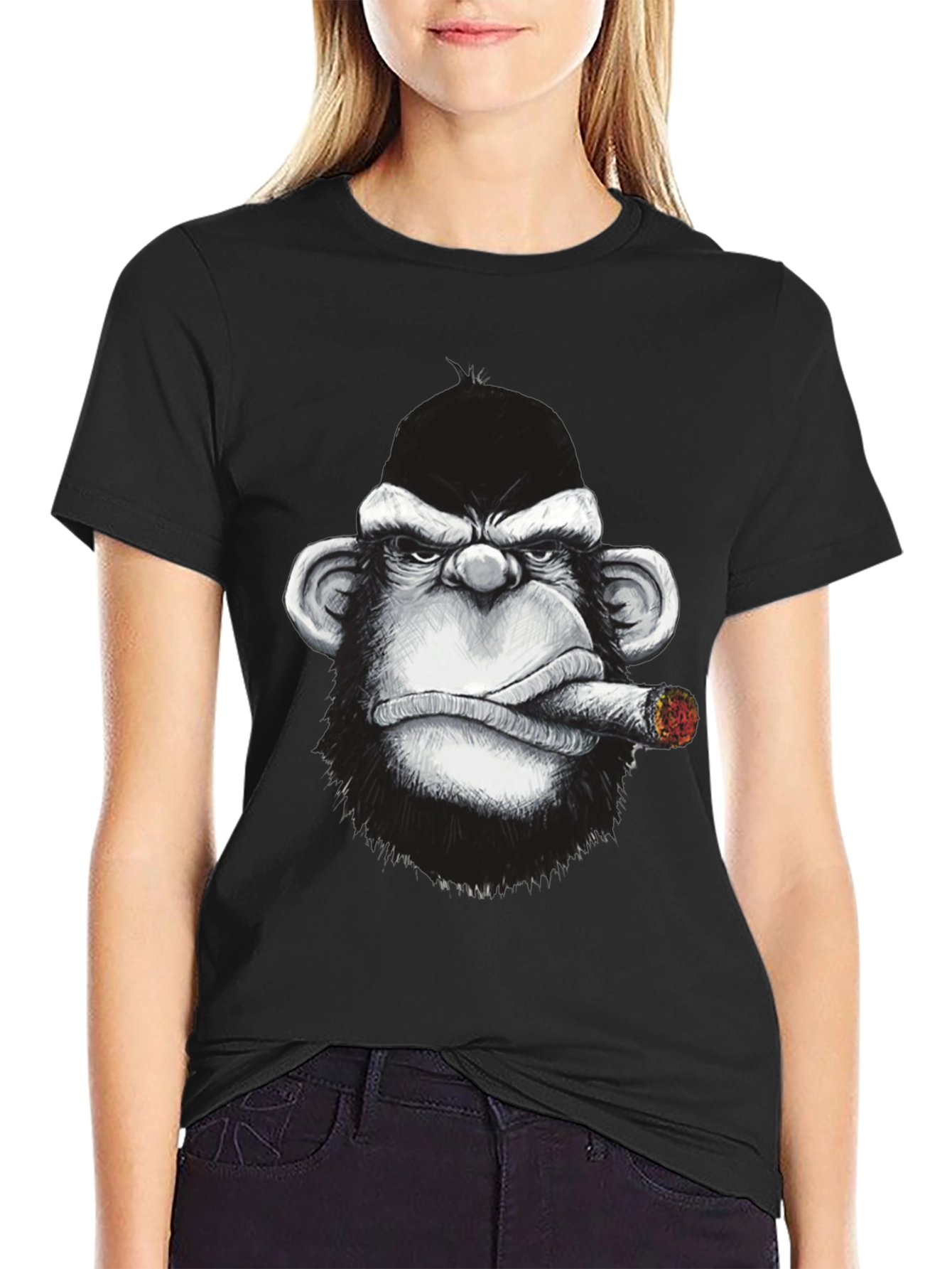 Black Cool Monkey Cigar Graphic Tee - Black Cotton view 2