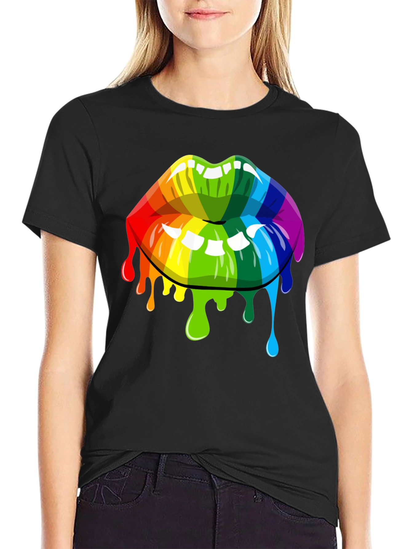 Black Rainbow Lips Graphic Tee - Unisex Black T-Shirt view 2