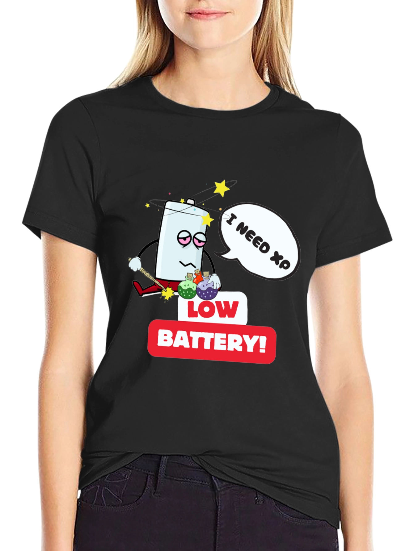 Black Low Battery XP Men's Black T-Shirt view 2