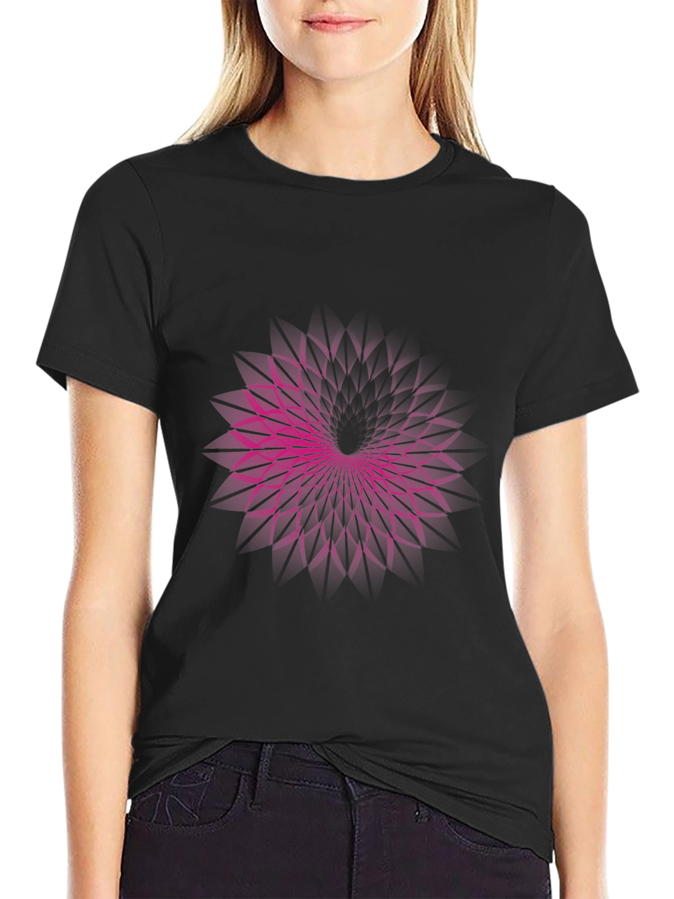Black Geometric Purple Vortex Graphic Black T-Shirt view 2