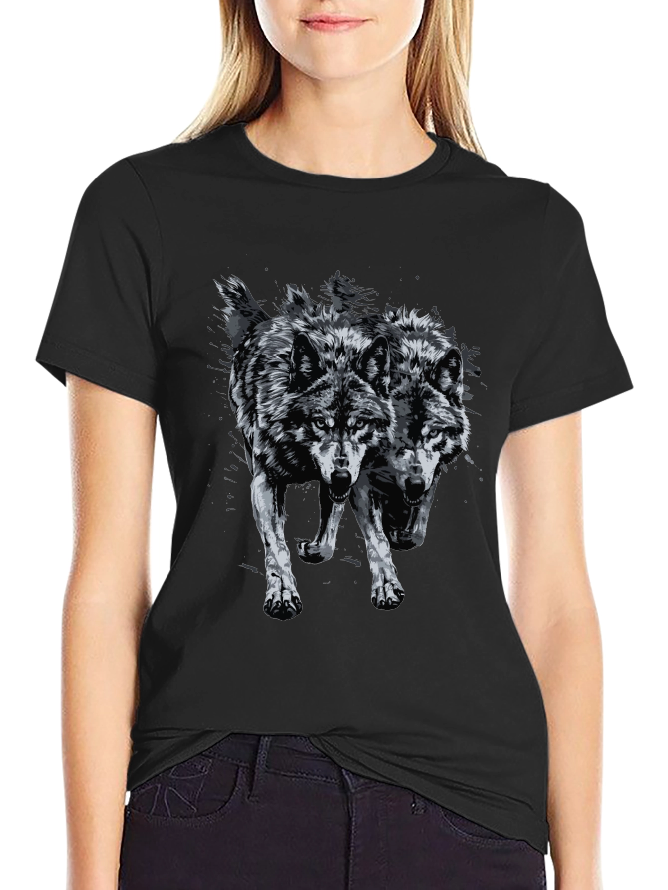 Black Two Wolves Graphic Print Tee view 2