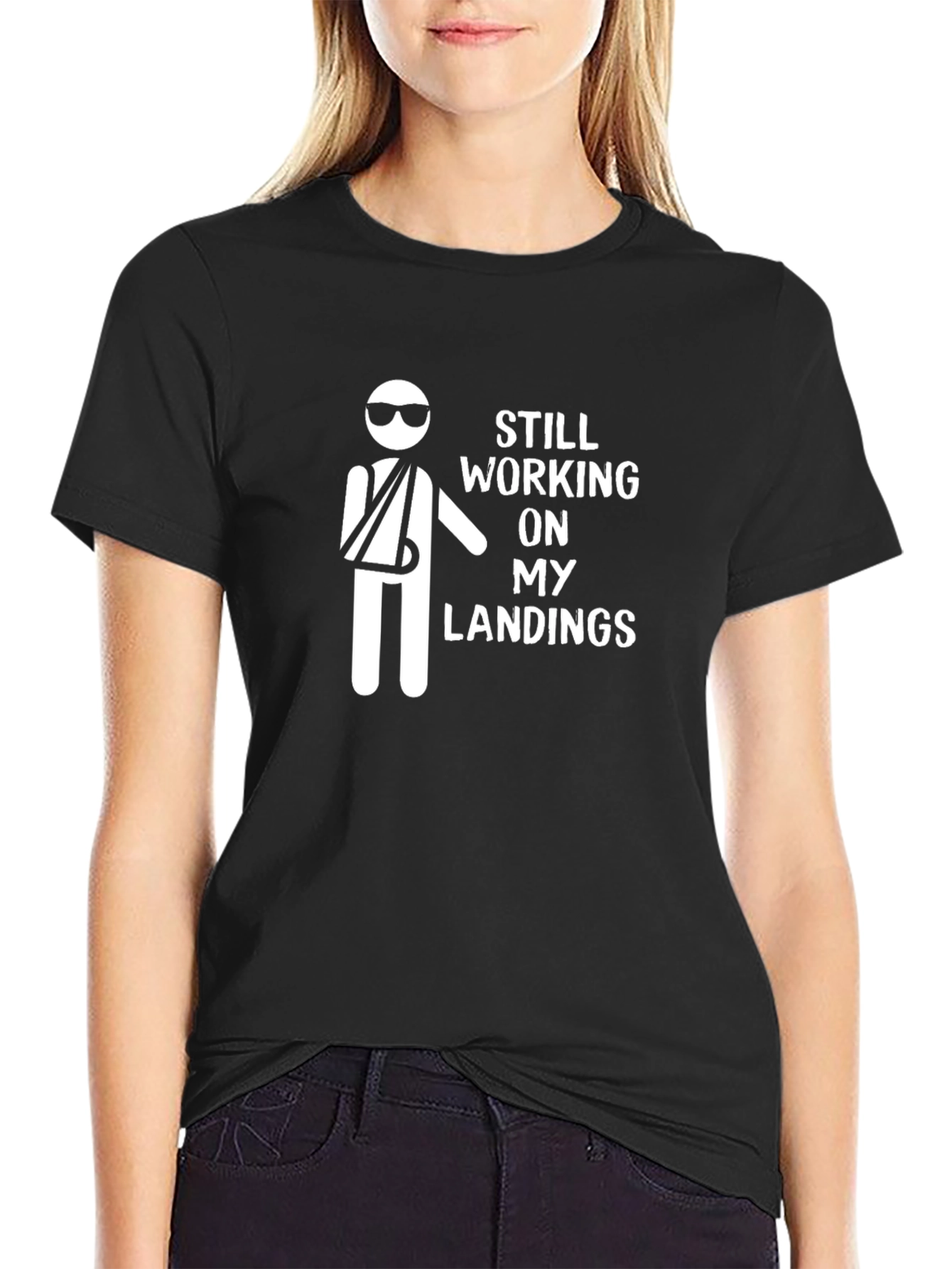 Black Funny Broken Arm T-Shirt - Still Working On My Landings view 2