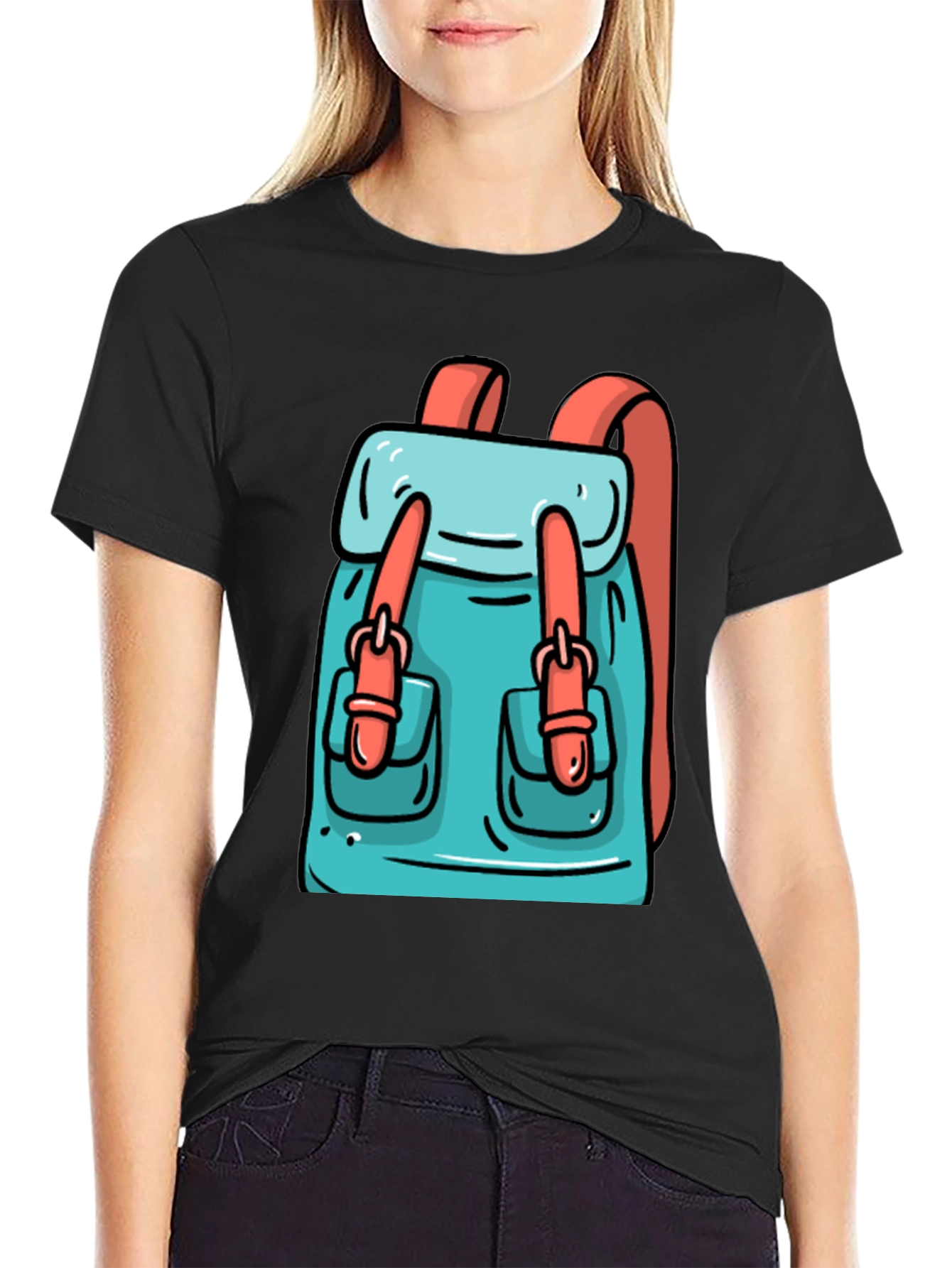 Black Backpack Cartoon Graphic Black T-Shirt view 2