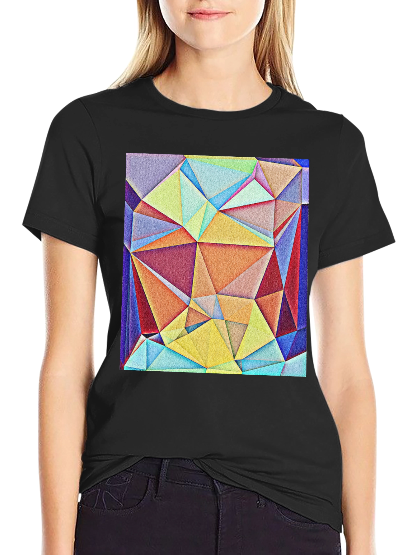 Black Geometric Triangle Art Tee - Modern Abstract Design view 2