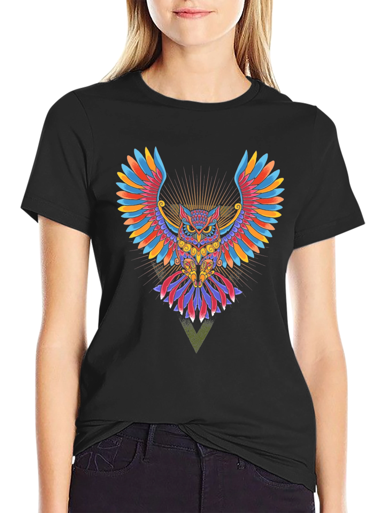 Black Colorful Owl Graphic Print Black T-Shirt view 2