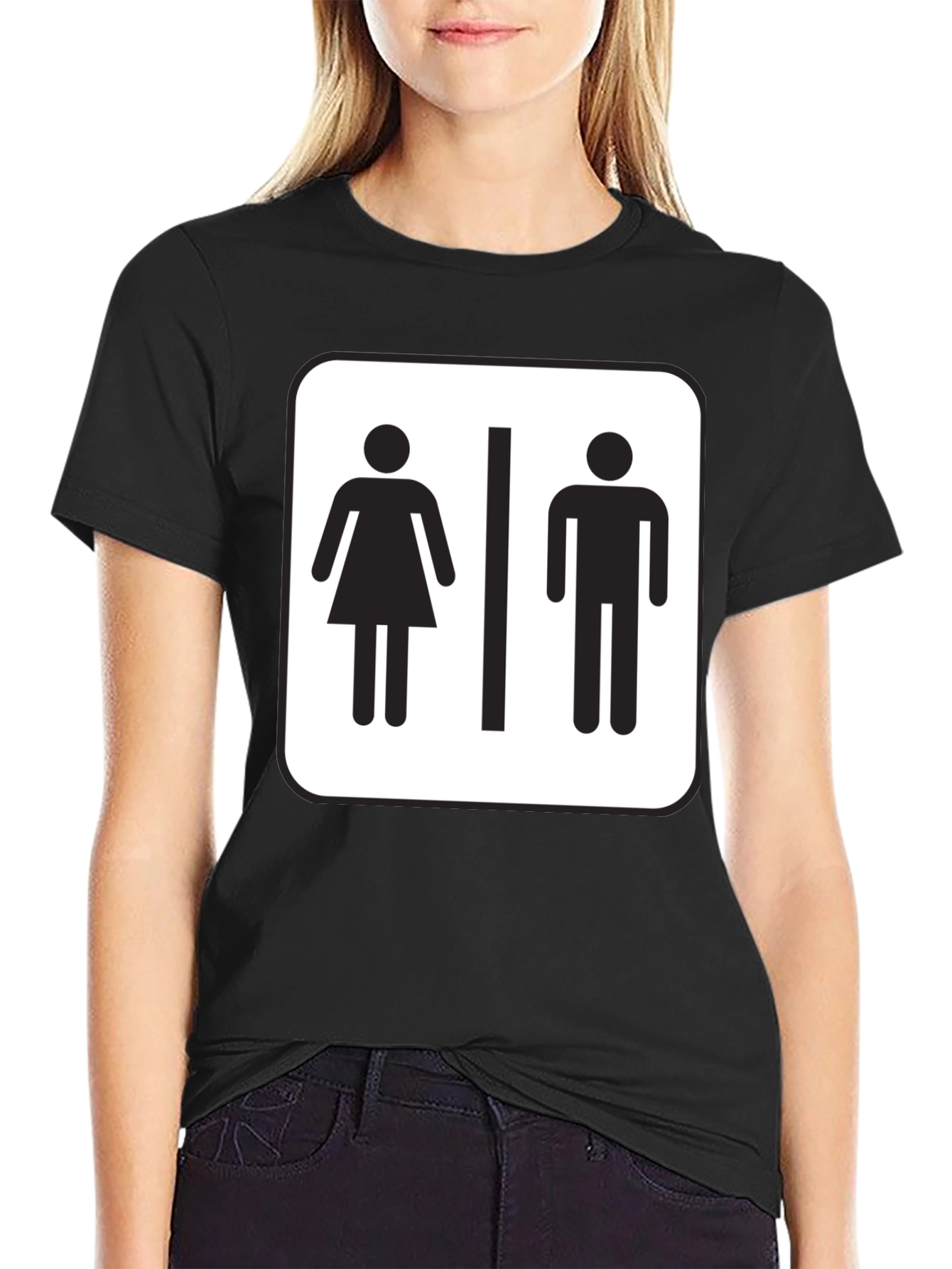 Black Unisex Restroom Sign Graphic Tee - Black Cotton Blend view 2