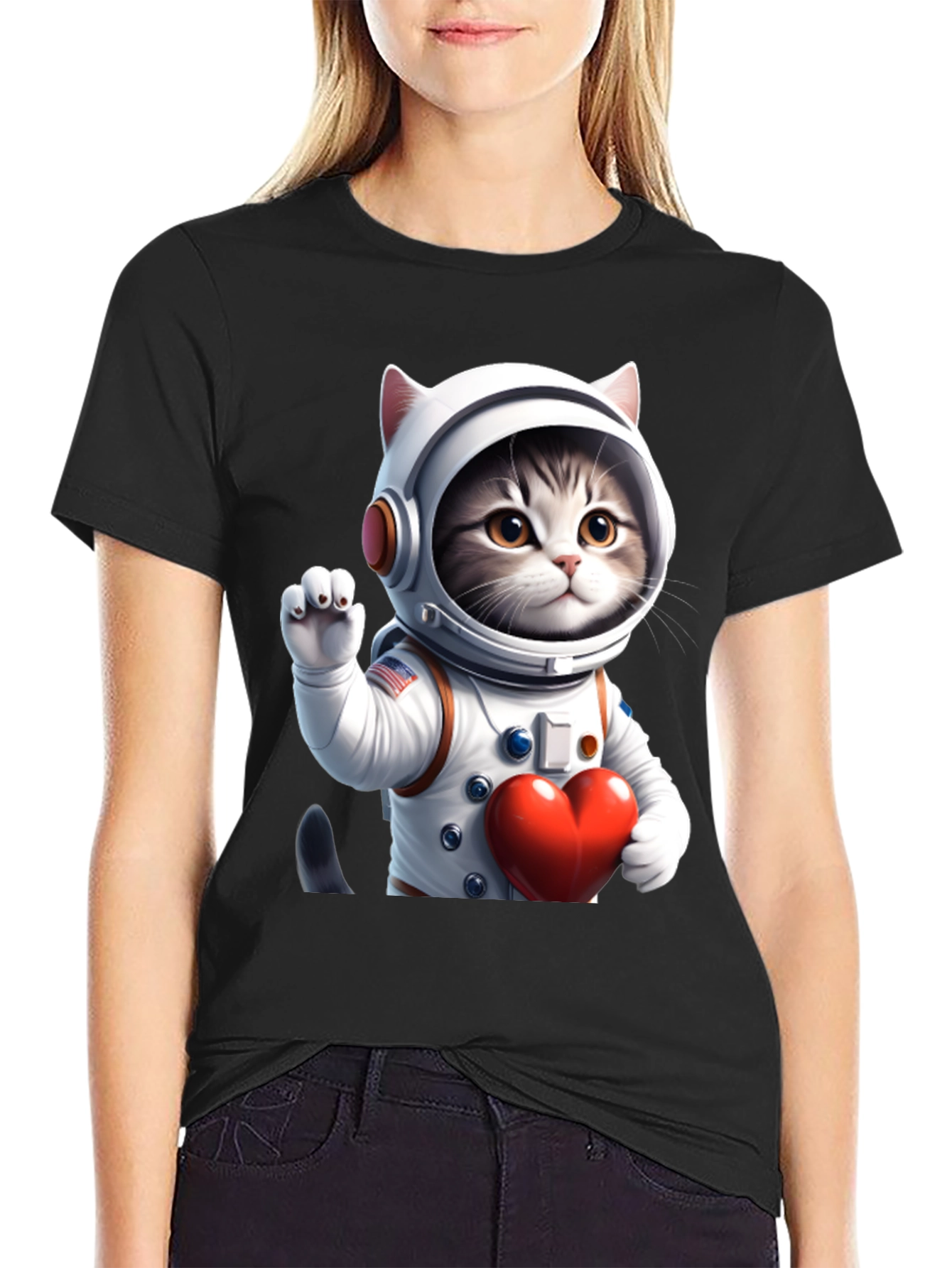 Black Cosmic Kitty T-Shirt - Astronaut Cat with Heart view 2
