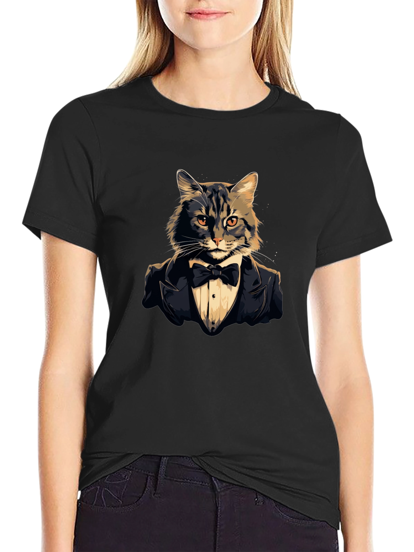 Black Dapper Cat Tuxedo T-Shirt - Cool Feline Formal Wear Tee view 2