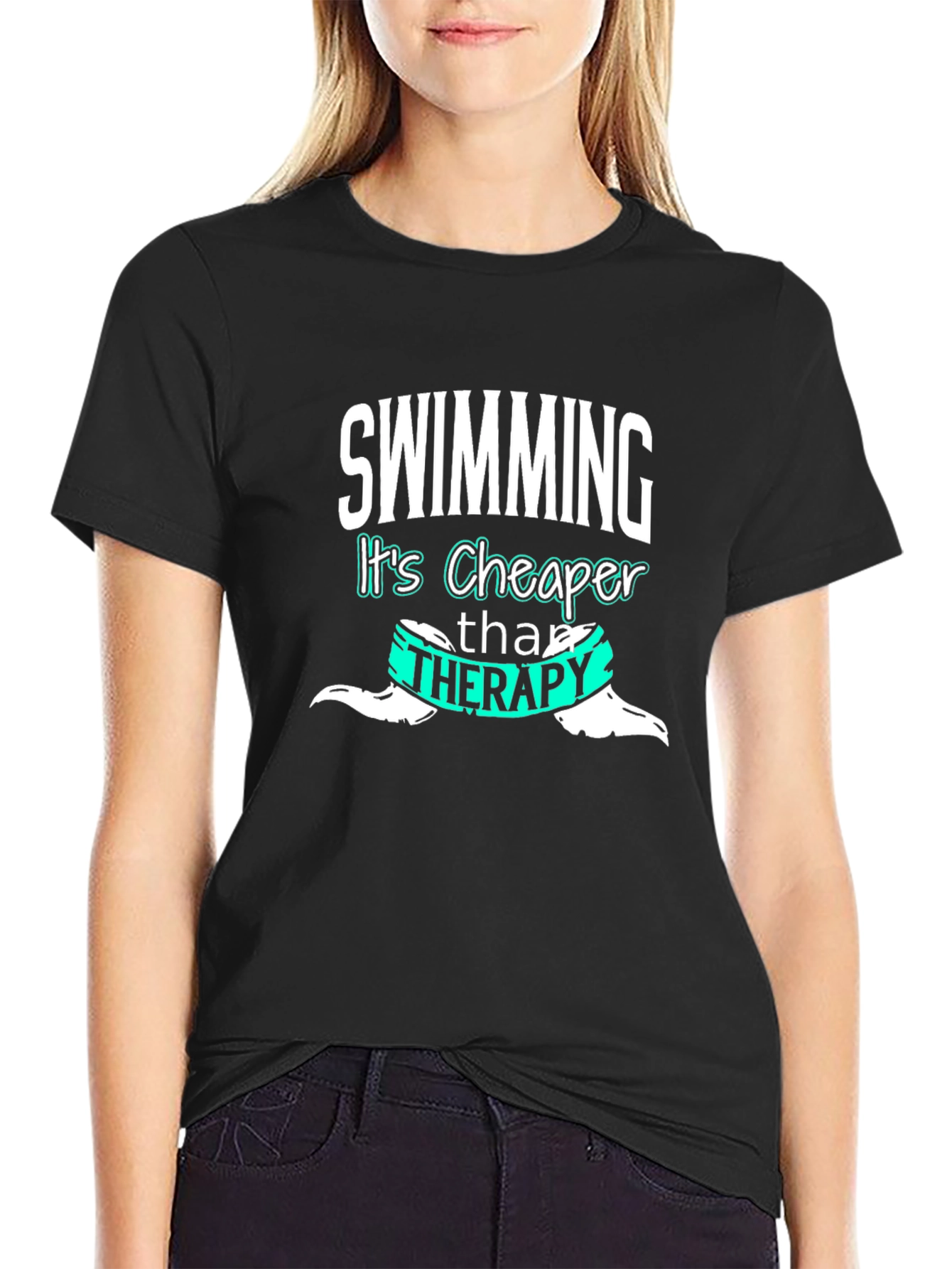 Black Swimming Cheaper Than Therapy Graphic Tee view 2