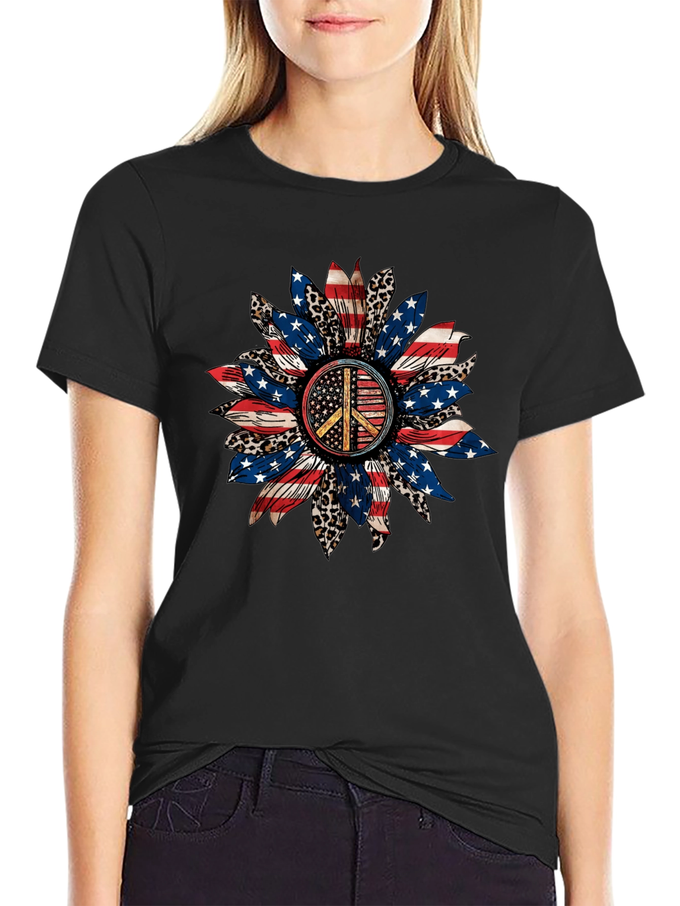 Black Patriotic Peace Sign Sunflower Graphic Tee view 2