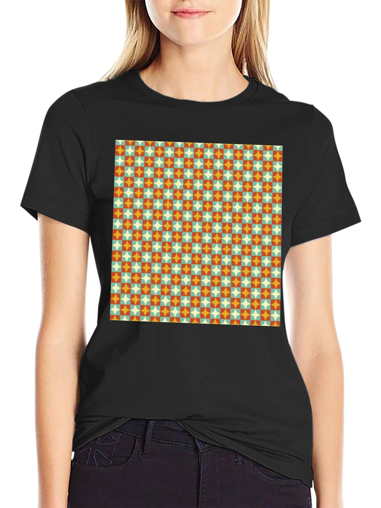 Black Retro Pattern Black T-Shirt view 2