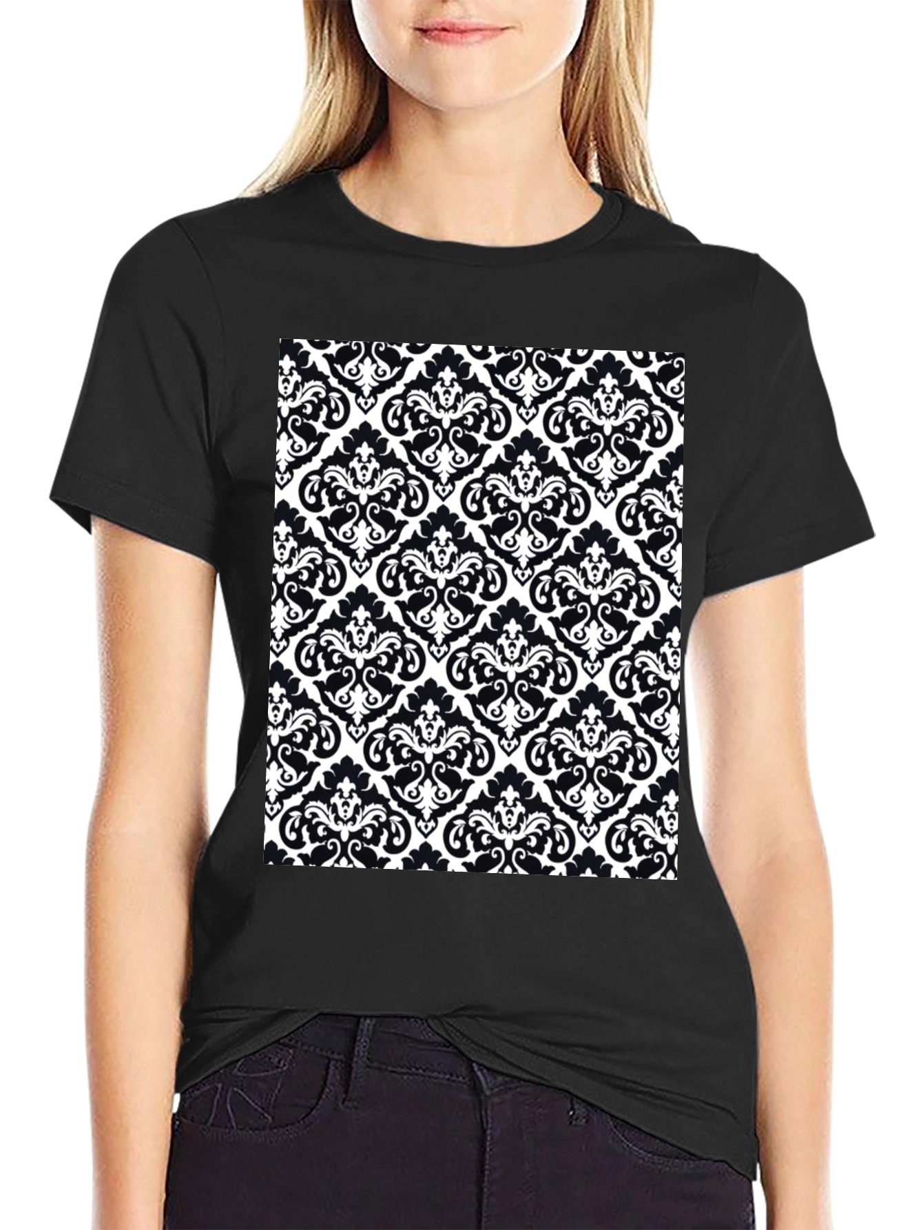 Black Stylish Black T-Shirt with Ornate Pattern Print view 2