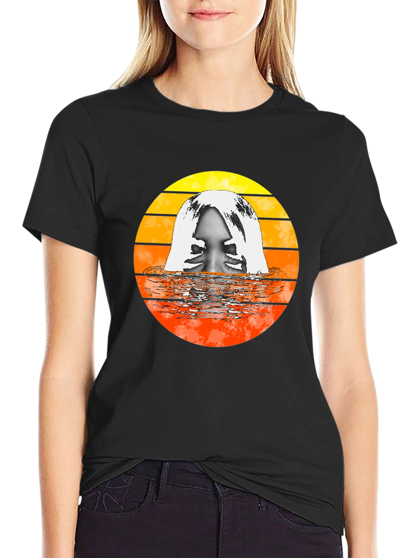 Black Retro Sunset Woman in Water Graphic T-Shirt view 2