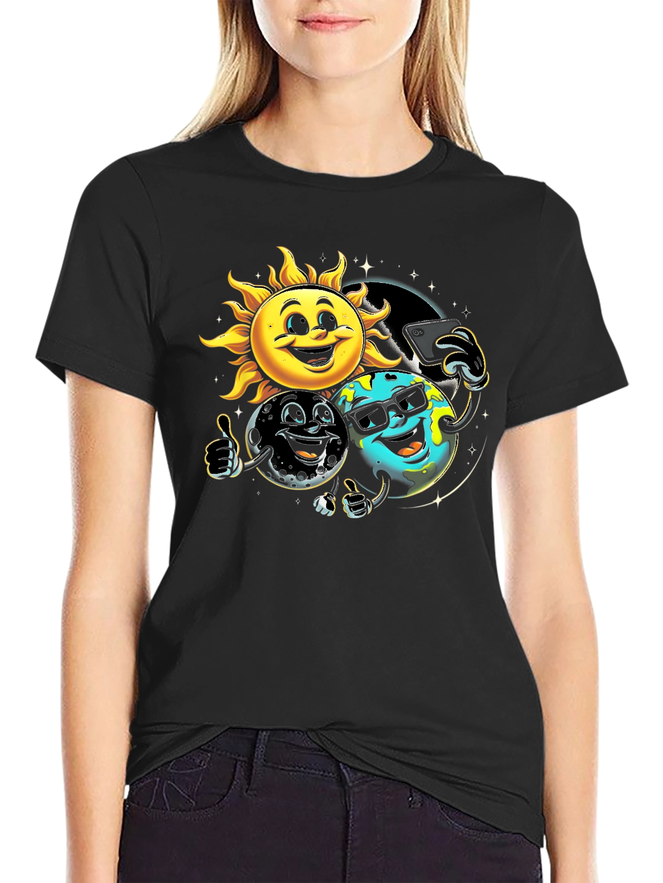 Black Cartoon Planet Selfie T-Shirt view 2