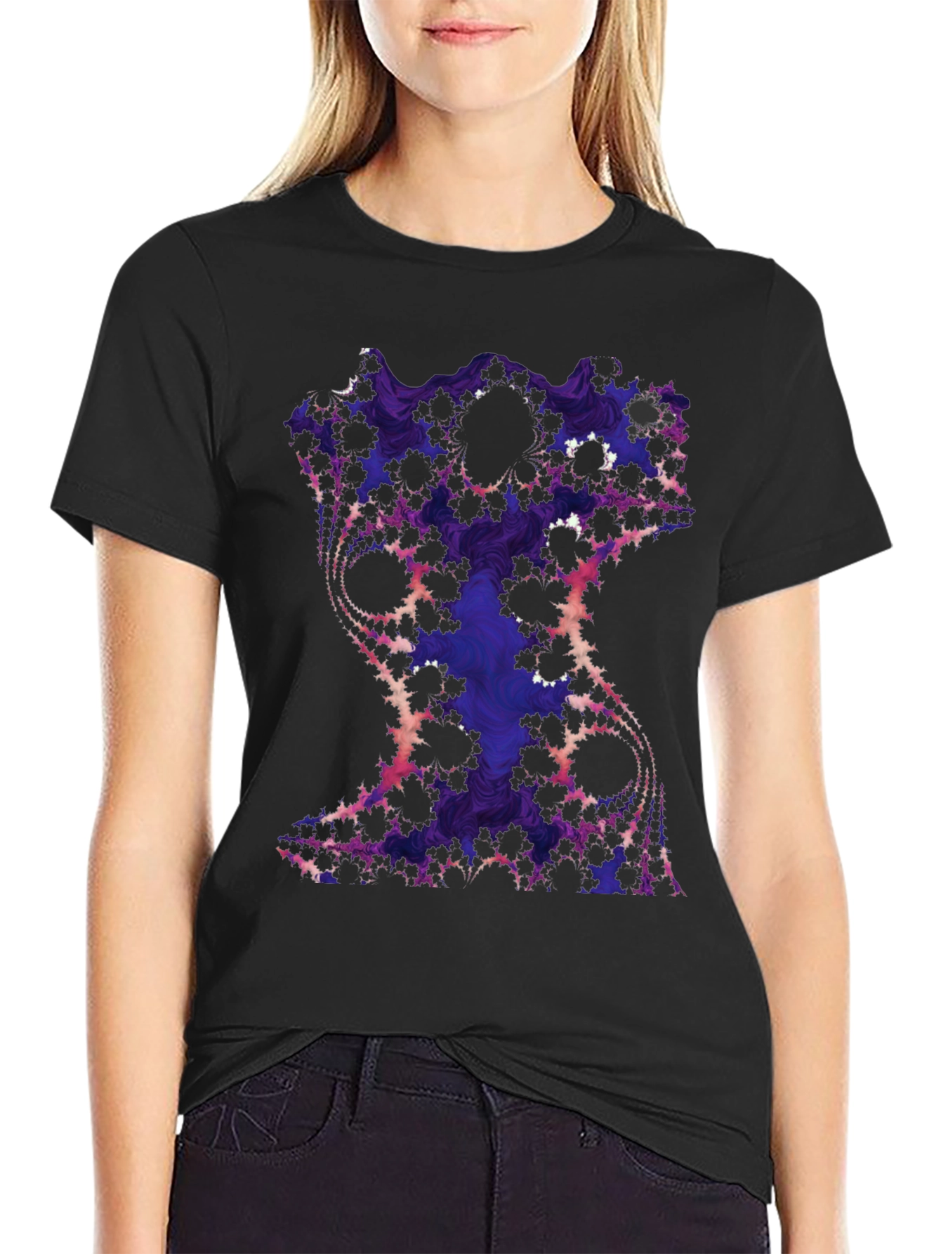 Black Fractal Art Graphic Tee - Black Cotton Blend view 2