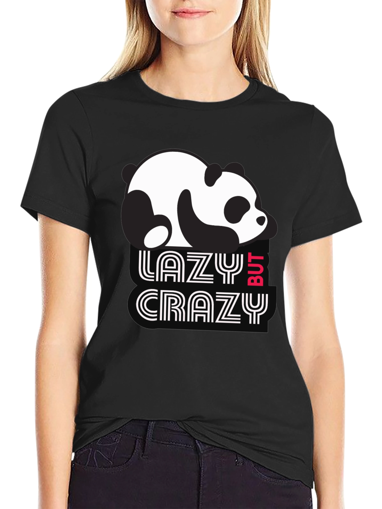 Black Lazy But Crazy Panda T-Shirt - Black Cotton Tee view 2