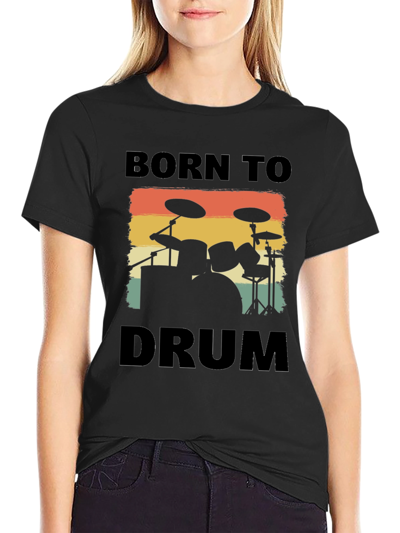 Black Born To Drum Tee - Retro Drumset Graphic T-Shirt view 2