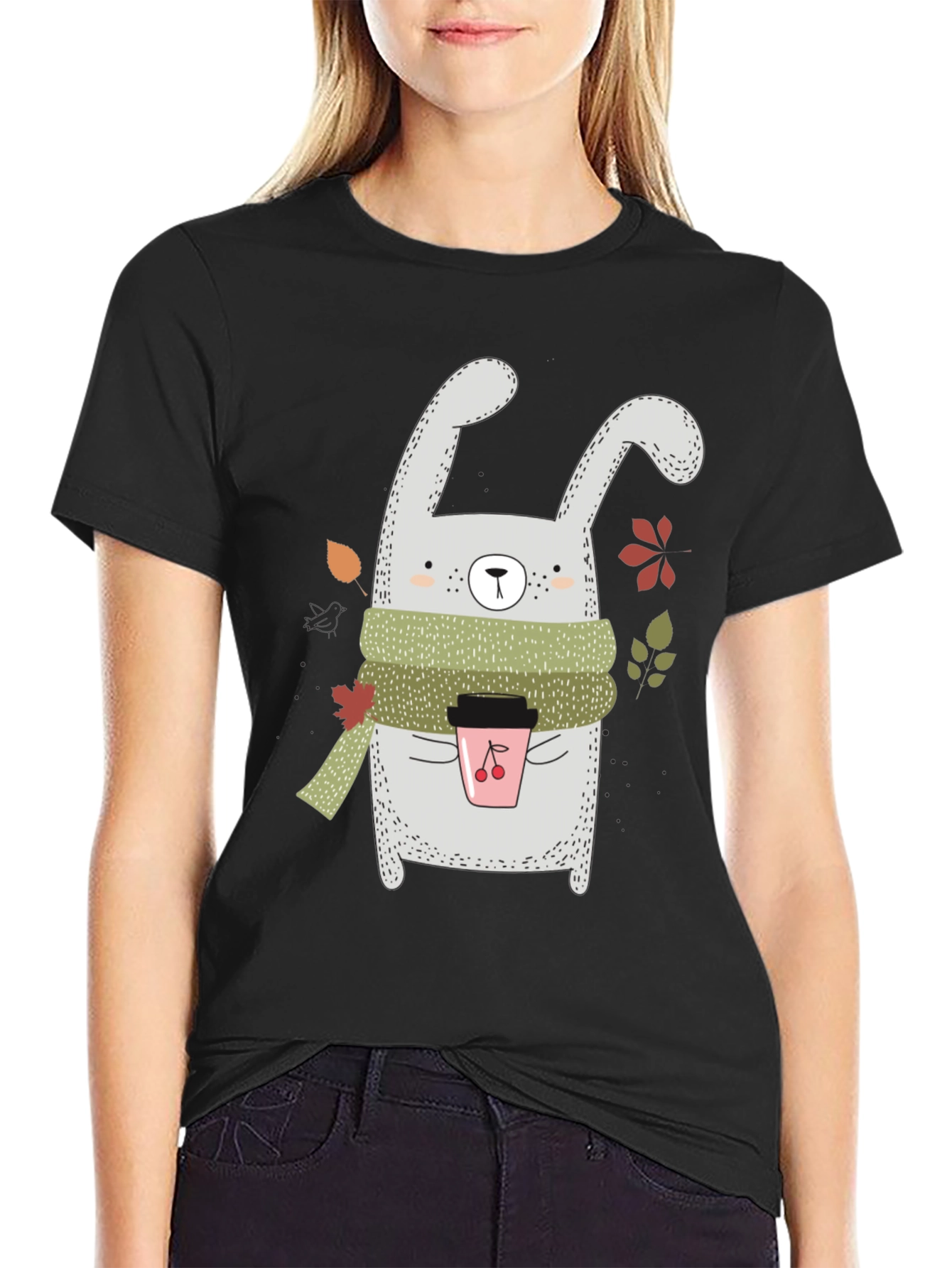 Black Cute Bunny with Coffee T-Shirt view 2