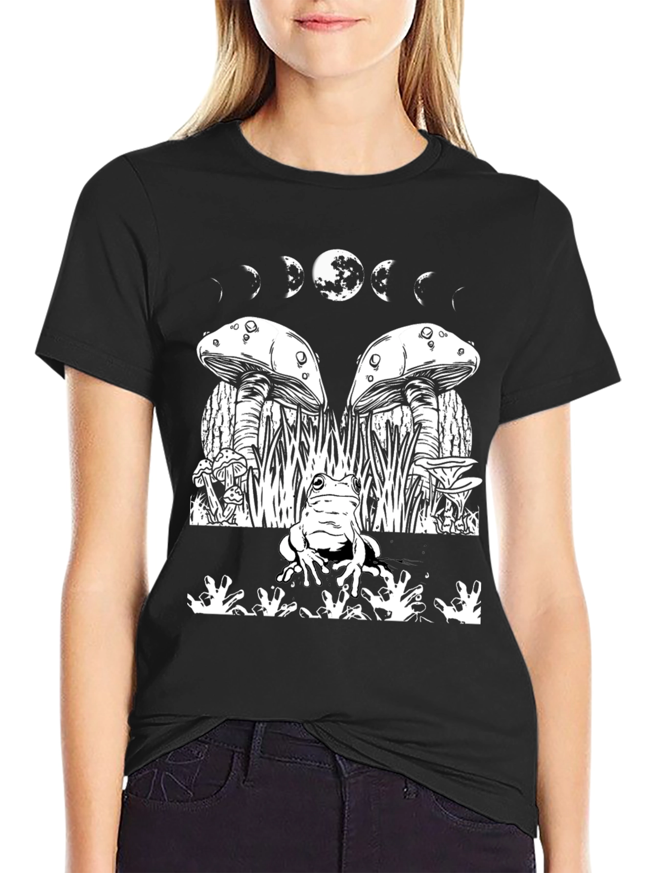 Black Mystic Frog Tee: Mushroom & Moon Phase Design view 2