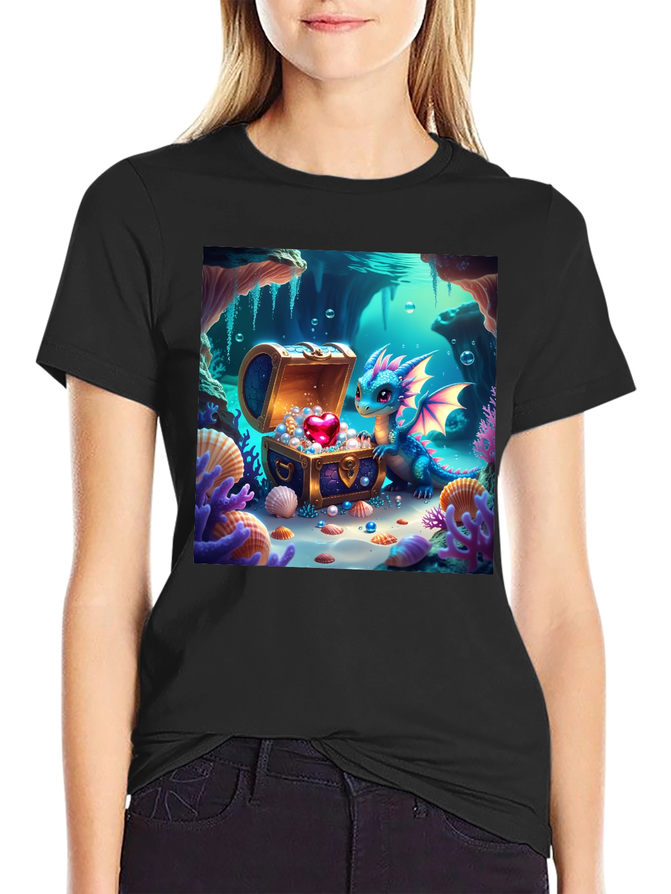 Black Dragon's Treasure T-Shirt - Fantasy Art view 2
