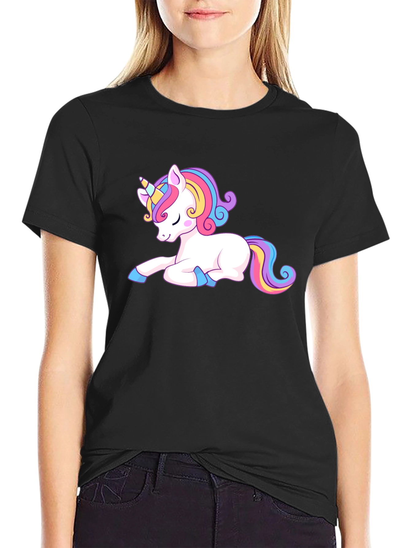 Black Cute Unicorn Graphic Tee - Black Casual Shirt view 2