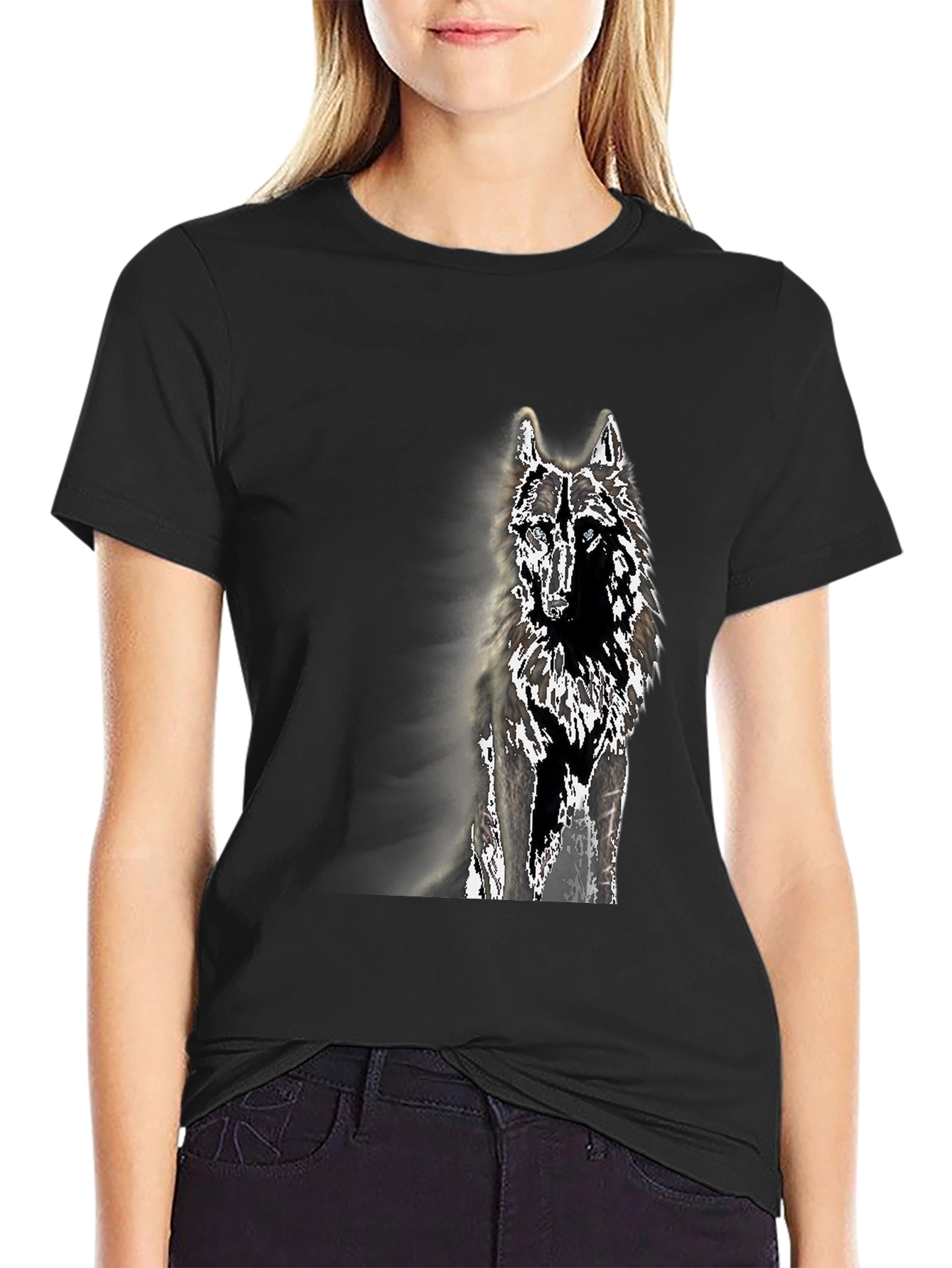 Black Wolf Graphic Tee - Black Cotton Blend T-Shirt view 2