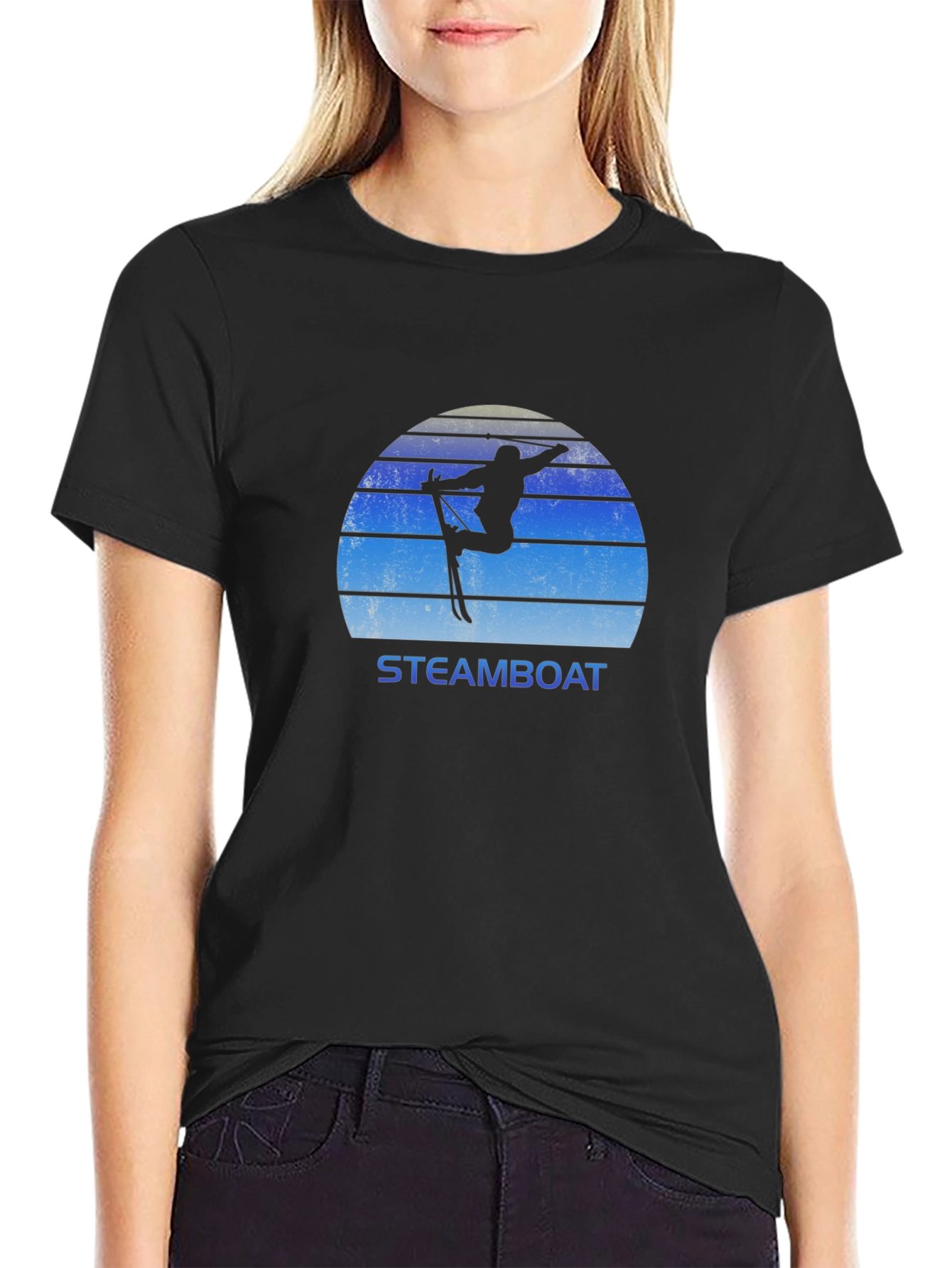 Black Steamboat Skiing T-Shirt Retro Style Black Tee view 2