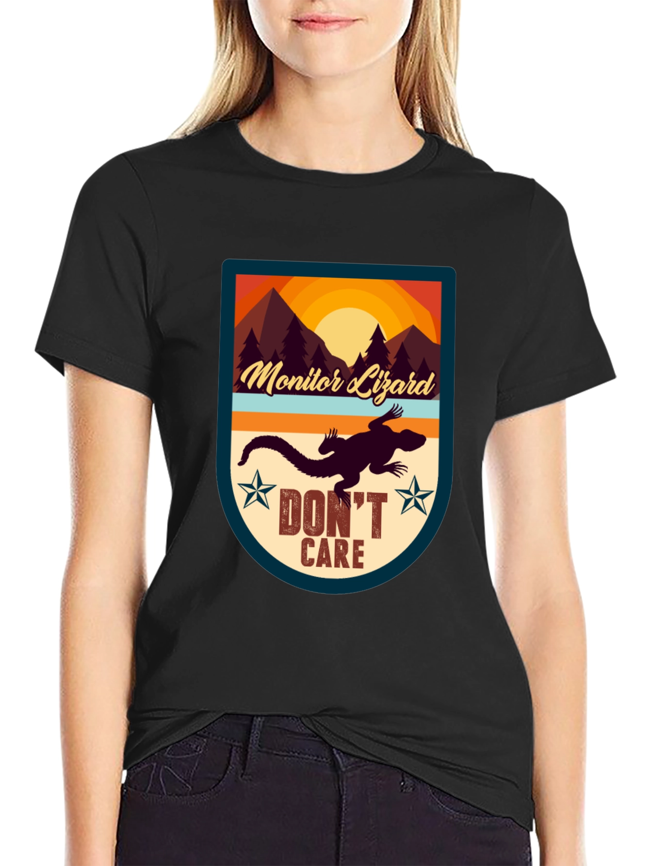 Black Monitor Lizard T-Shirt - "Don't Care" Graphic Tee view 2
