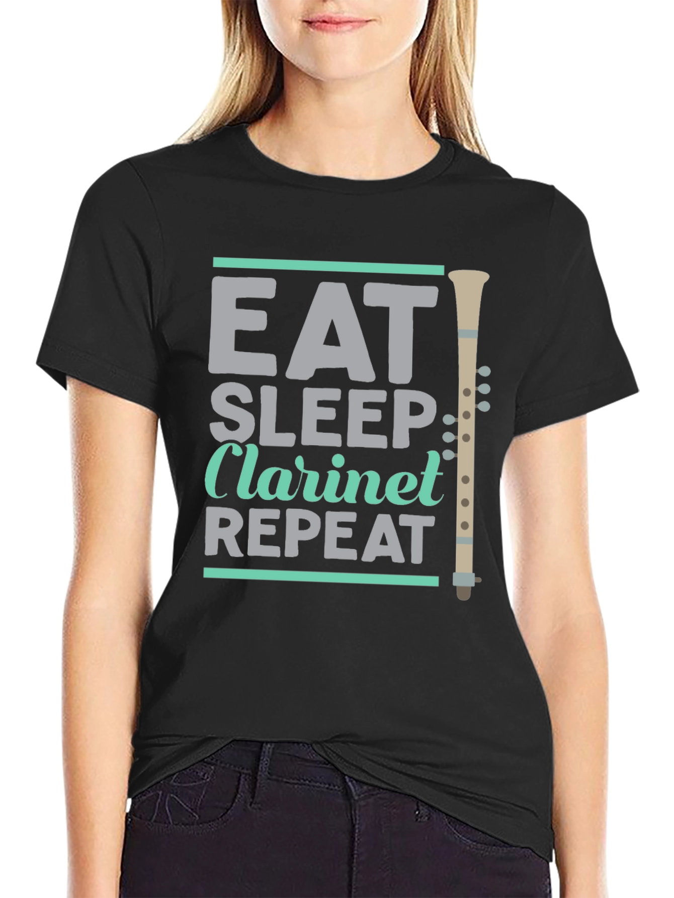 Black Eat Sleep Clarinet Repeat T-Shirt - Musician Gift view 2
