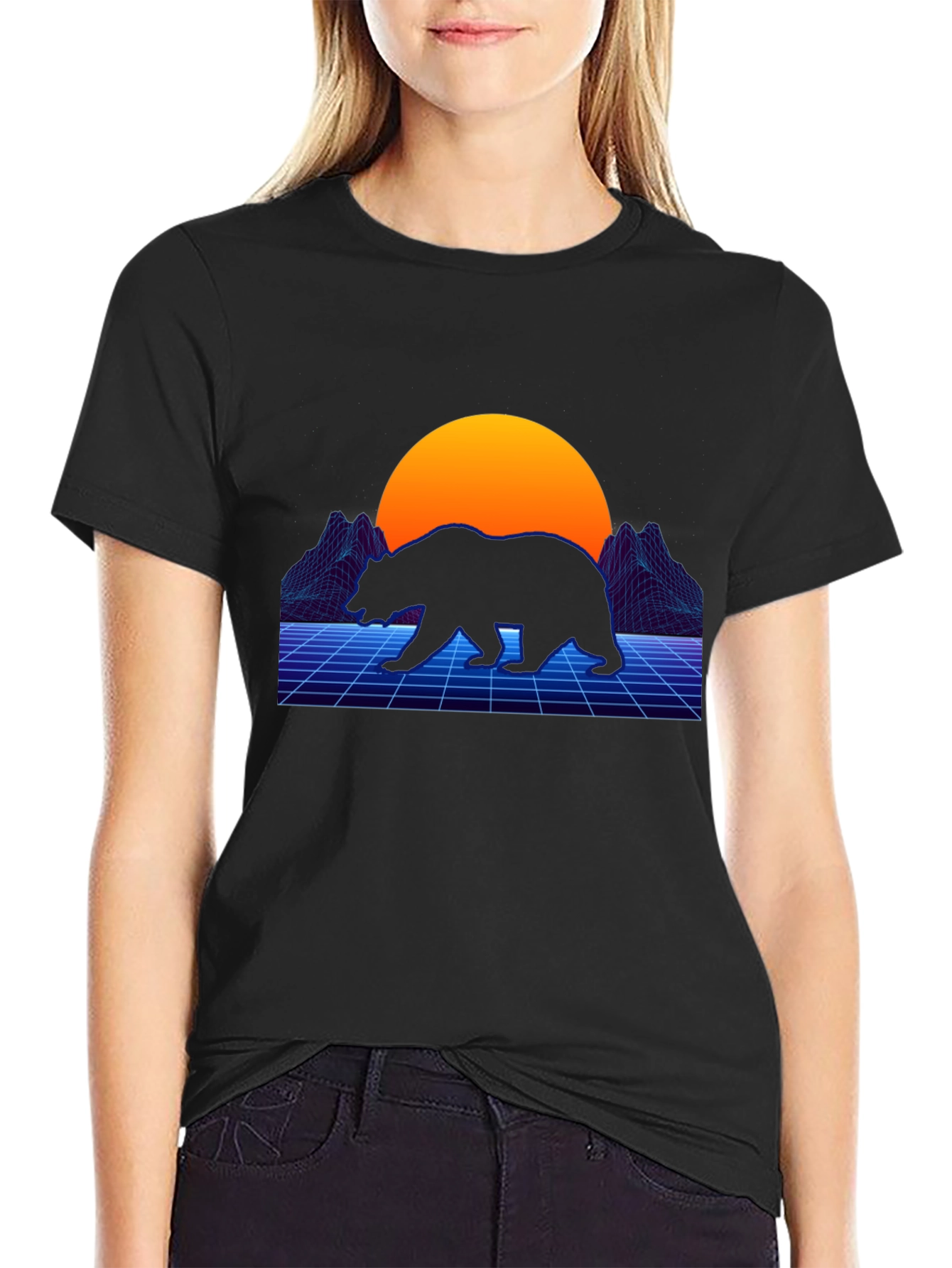 Black Retro Bear T-Shirt - Synthwave Style view 2