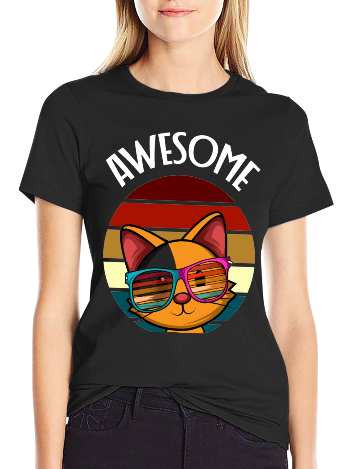 Black Awesome Cat T-Shirt with Retro Sunglasses view 2