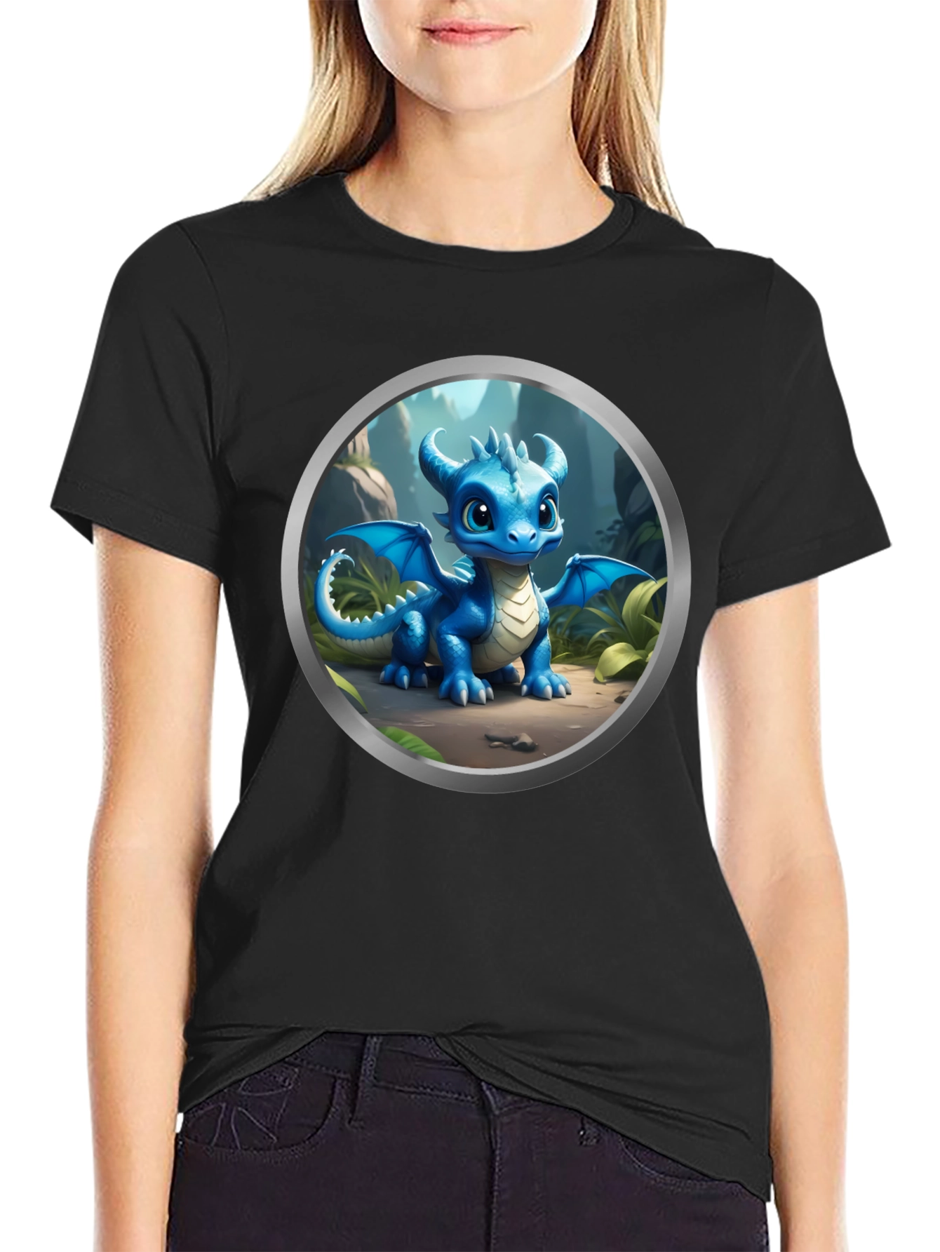 Black Cute Dragon Graphic Tee view 2