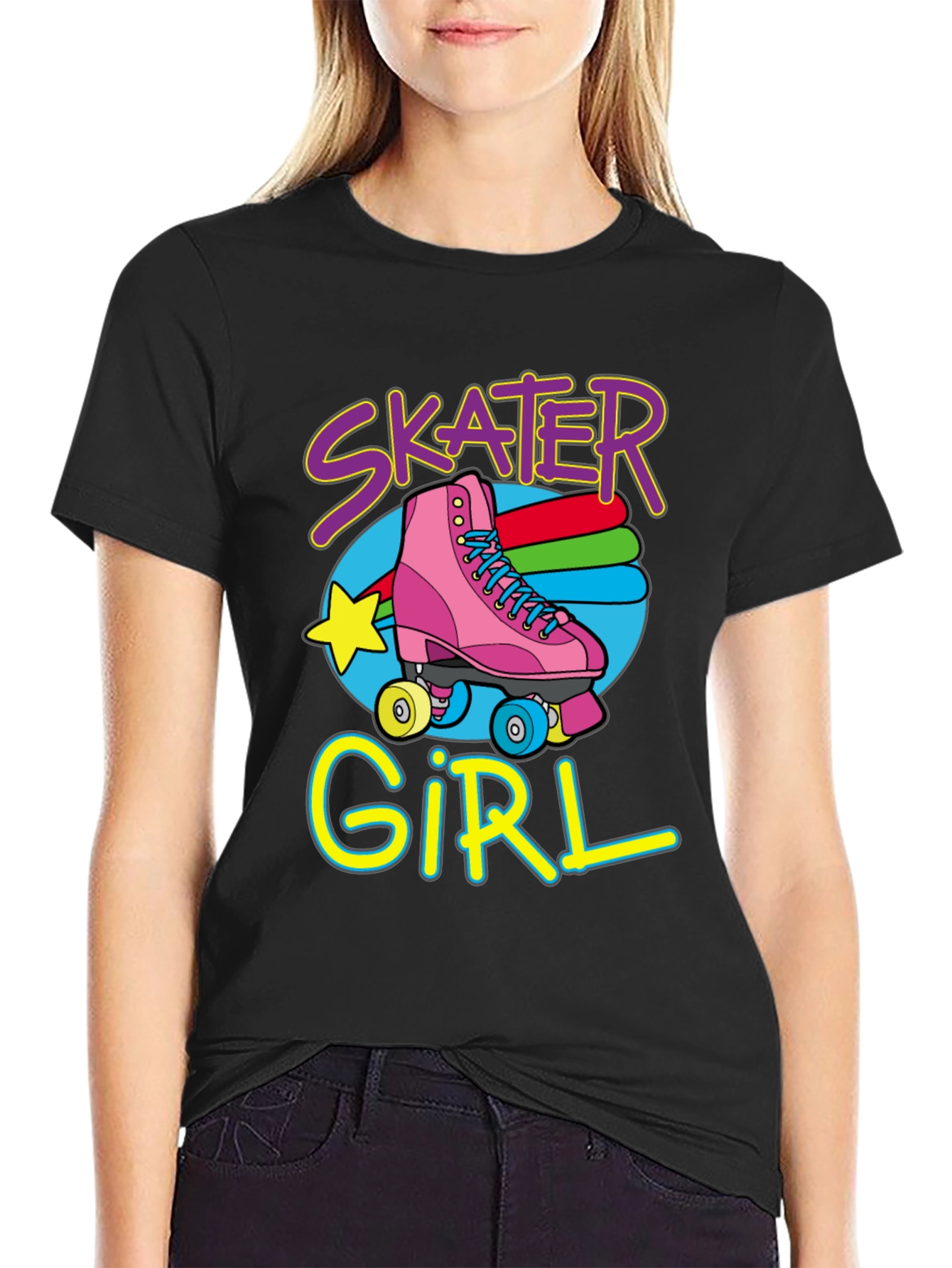 Black Skater Girl T-Shirt: Retro Roller Skate Design view 2