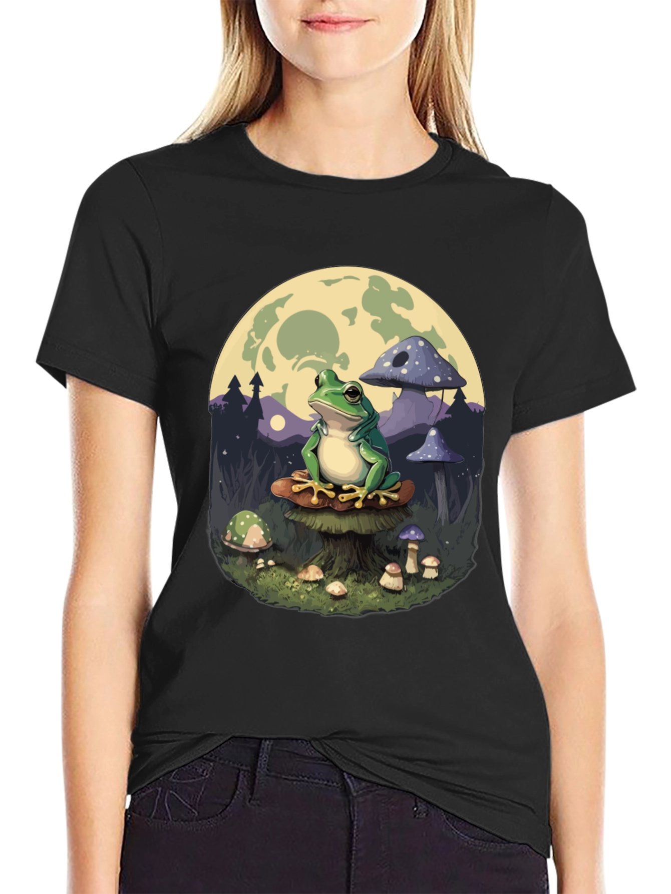 Black Frog on Mushroom T-Shirt - Whimsical Design view 2
