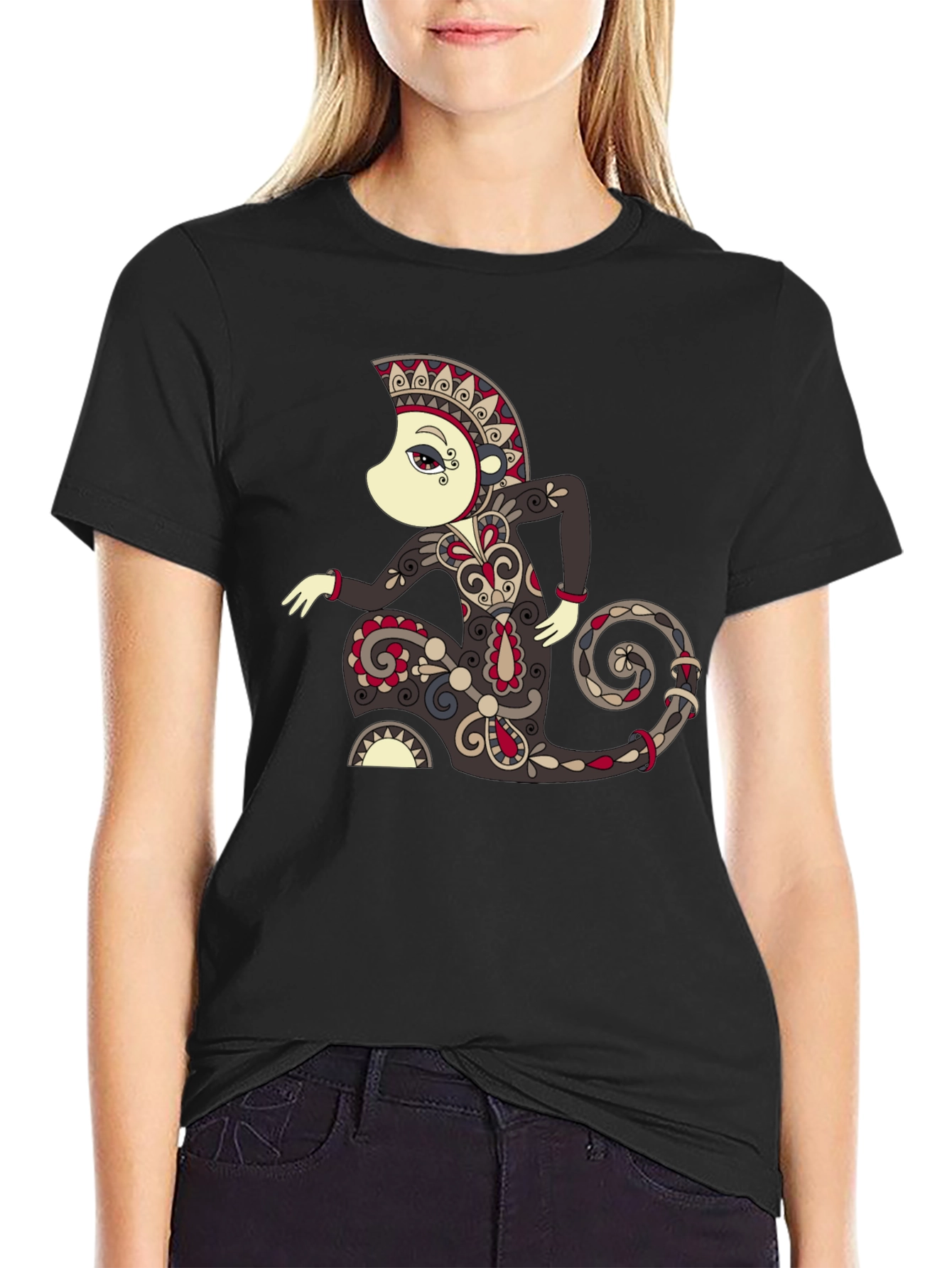 Black Unique Graphic Tee - Ornamental Figure Design view 2