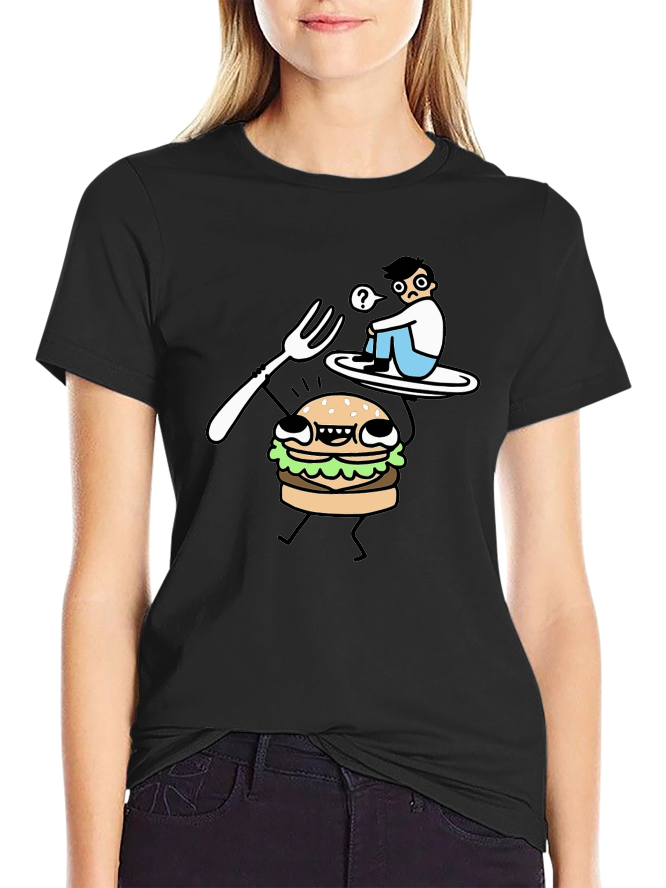 Black Funny Cartoon Burger T-Shirt - Black Cotton Tee view 2
