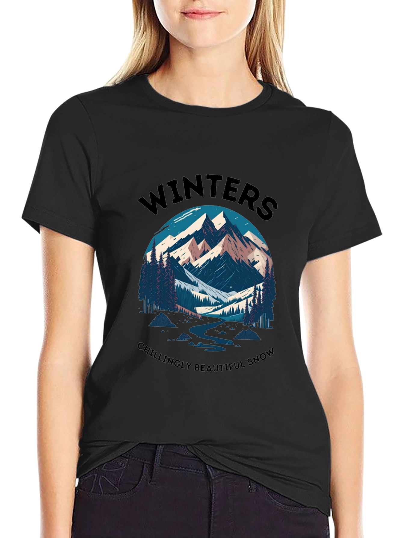 Black Winter Mountain Scene Graphic Tee view 2
