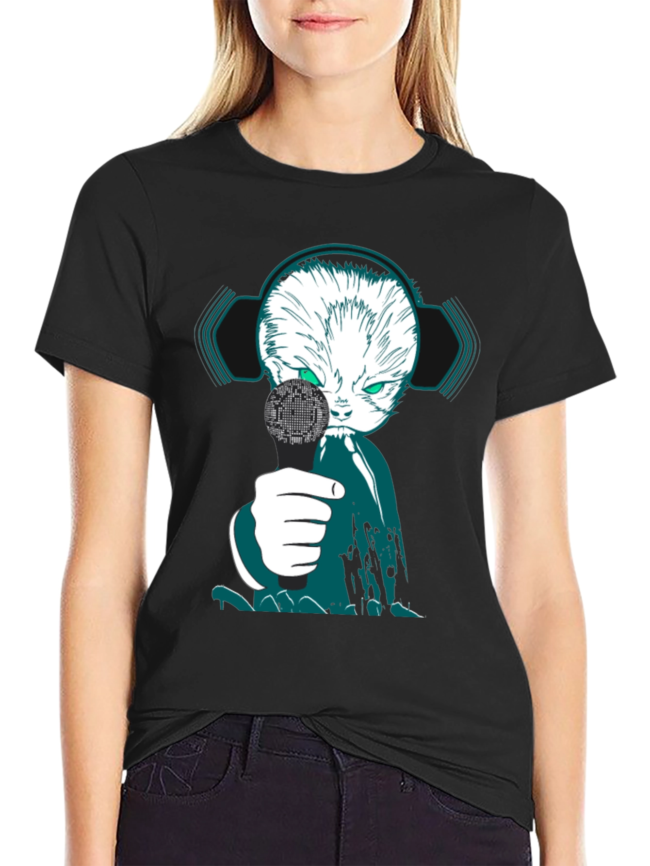 Black Cyber Cat DJ Graphic Tee - Unique Streetwear view 2