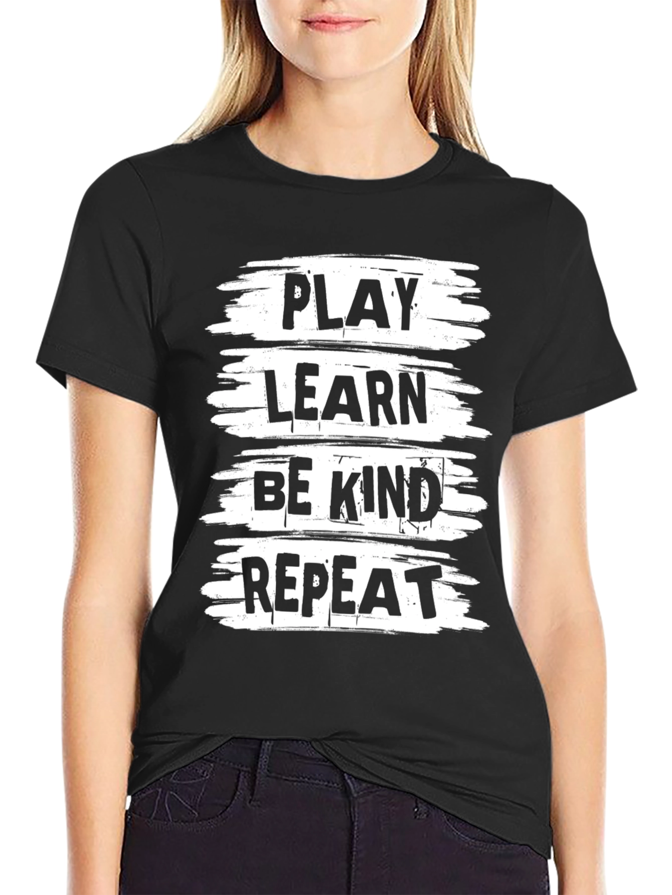 Black Play, Learn, Be Kind, Repeat Black T-Shirt view 2