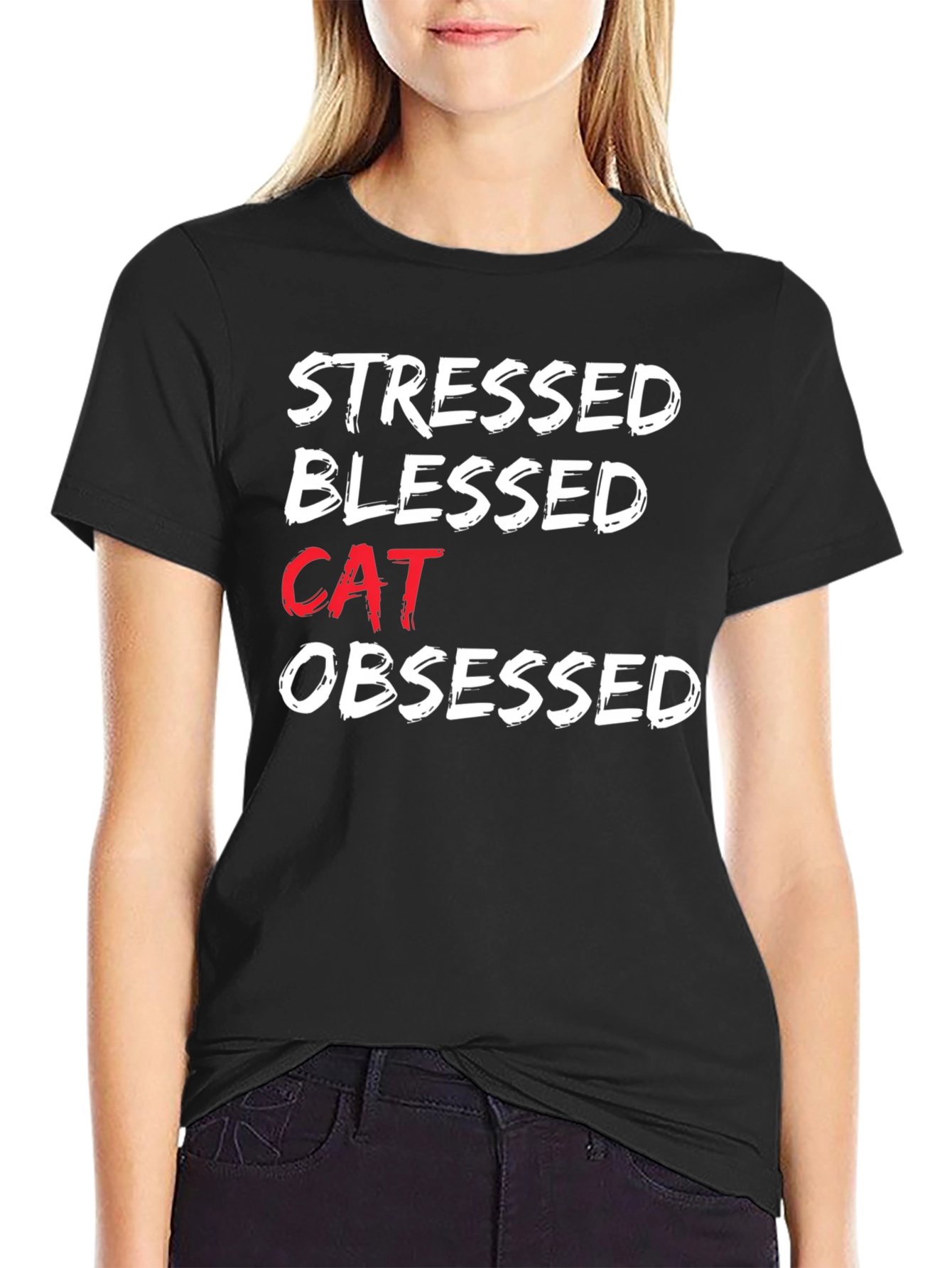 Black Stressed Blessed Cat Obsessed Graphic Tee view 2