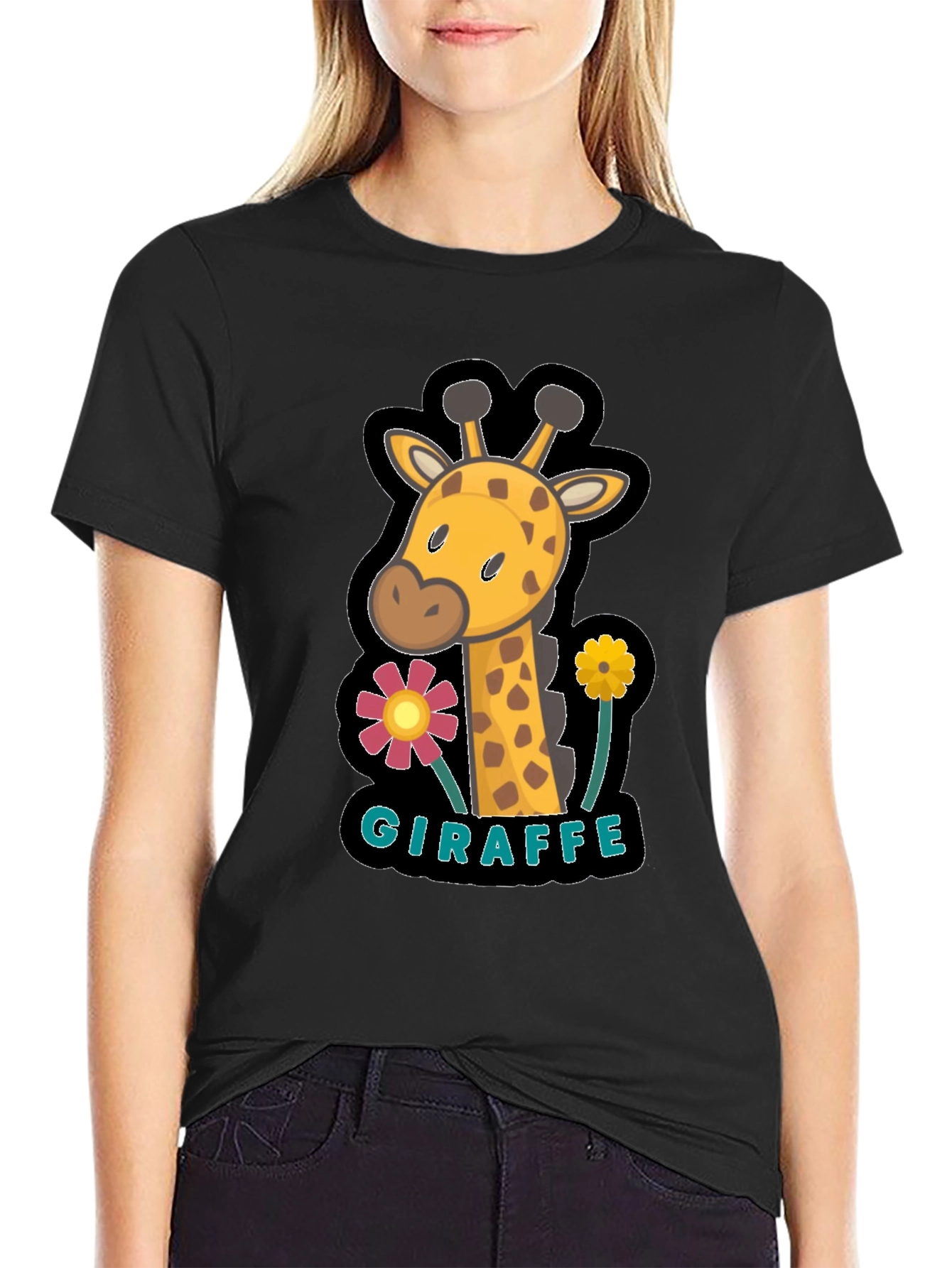 Black Cute Giraffe Flower Graphic Black T-Shirt view 2