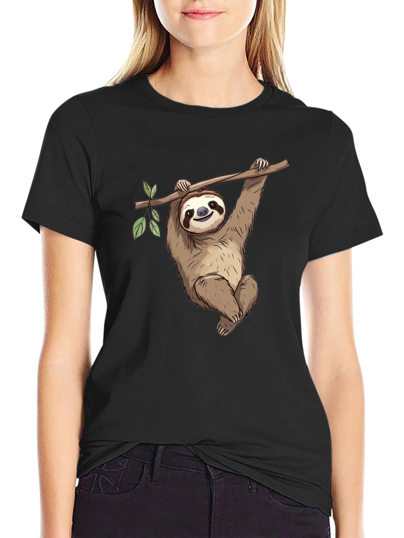 Black Cute Sloth Hanging on Tree T-Shirt view 2