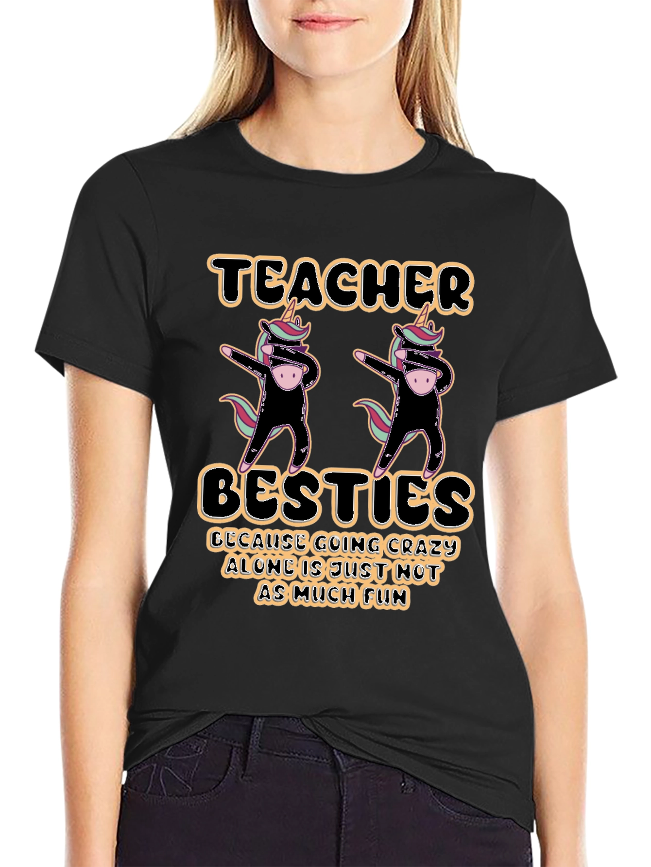 Black Teacher Besties Unicorn Dabbing Graphic T-Shirt view 2