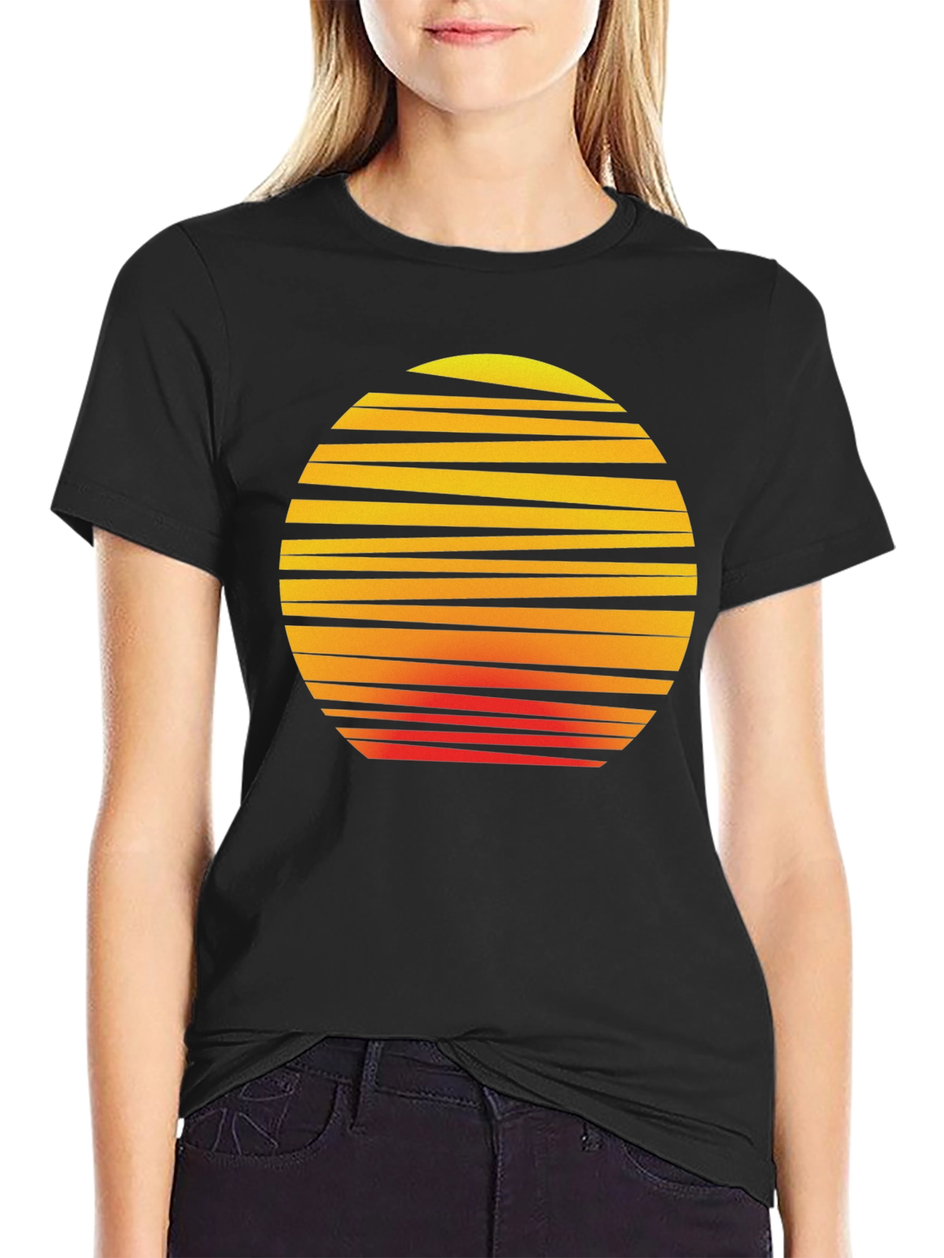 Black Retro Sunset Graphic Tee - Black Cotton T-Shirt view 2