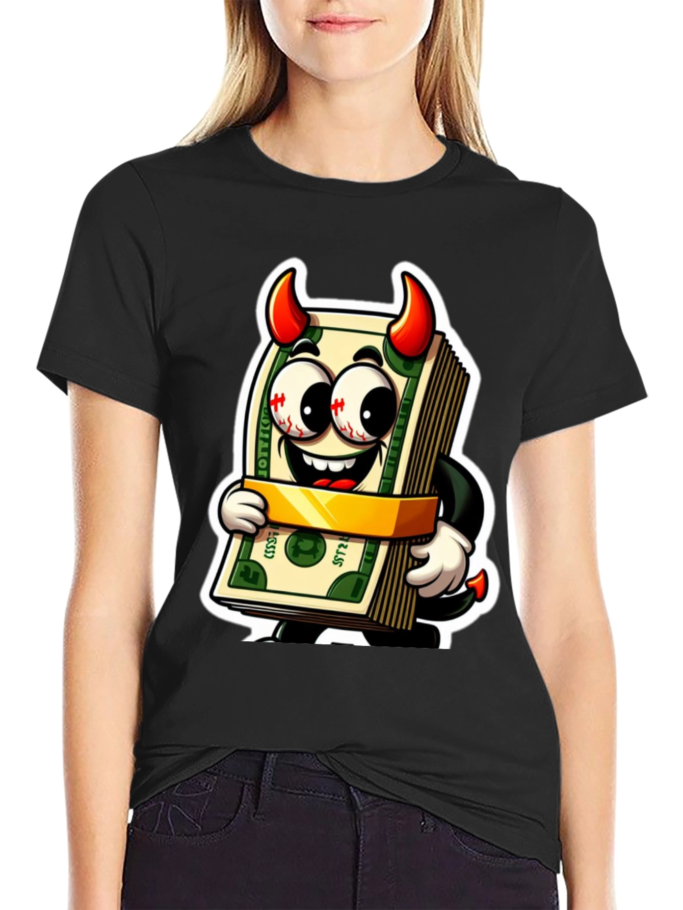 Black Money Devil Graphic Tee - Cartoon Cash Shirt view 2